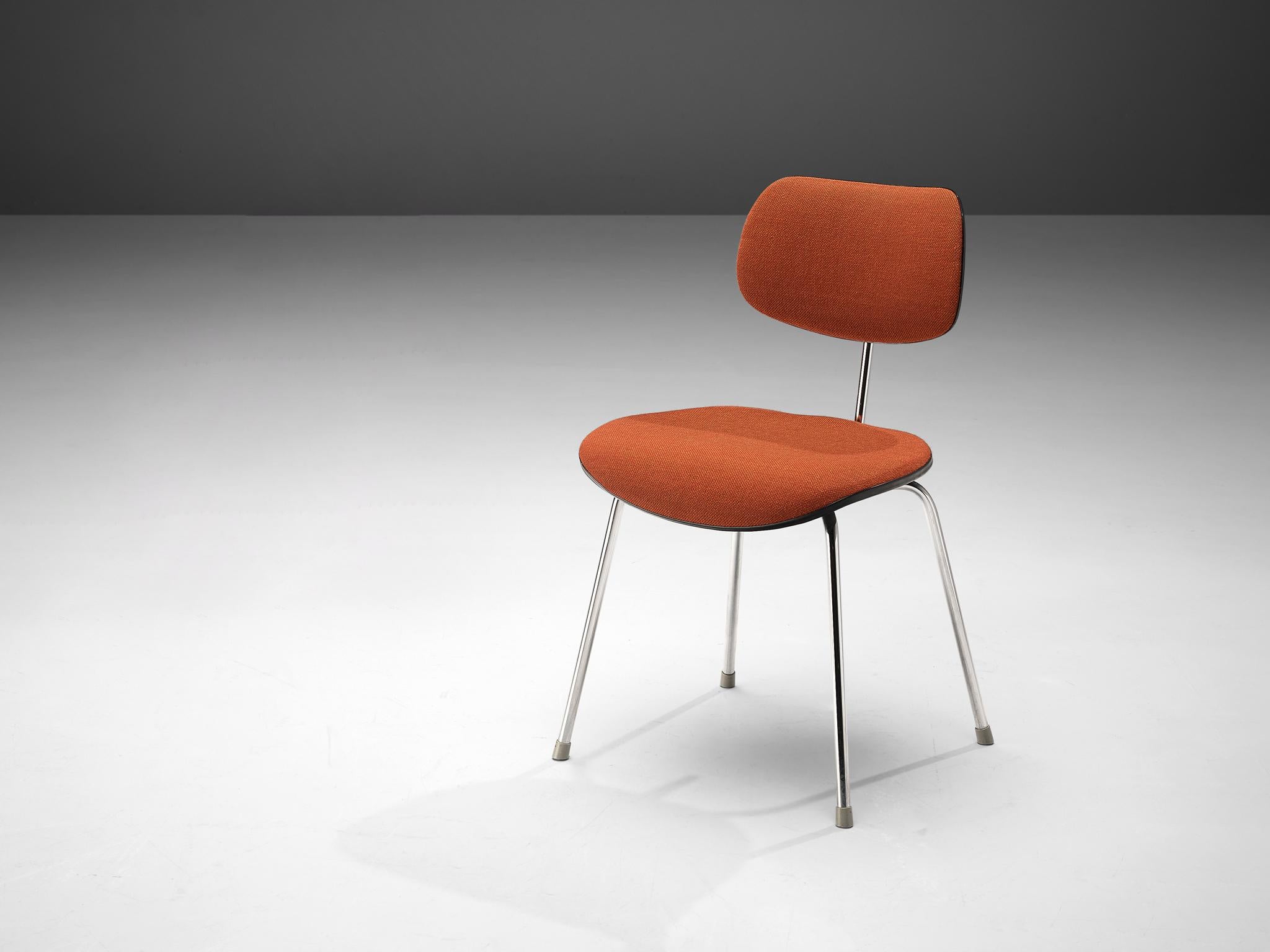 Egon Eiermann, dining or office chair, model 'SE-68', fabric, chromed steel, Germany, design 1951 

The iconic SE 68 chair, designed by Egon Eiermann, exemplifies mid-century modern design. Its tubular steel frame is complemented by two organically