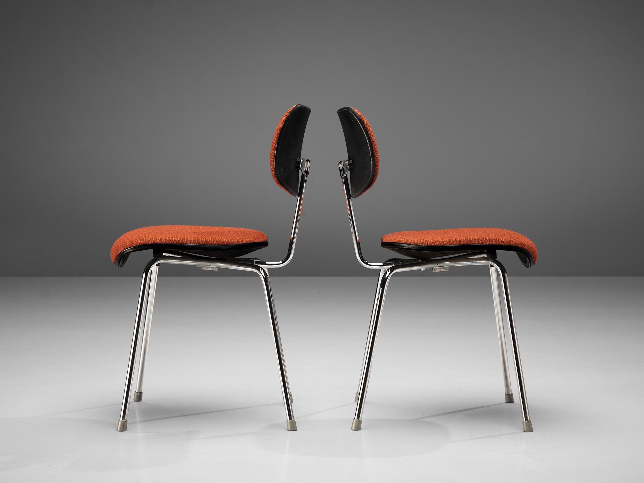 German Egon Eiermann Dining or Office Chairs in Chromed Steel Orange-Brown Fabric
