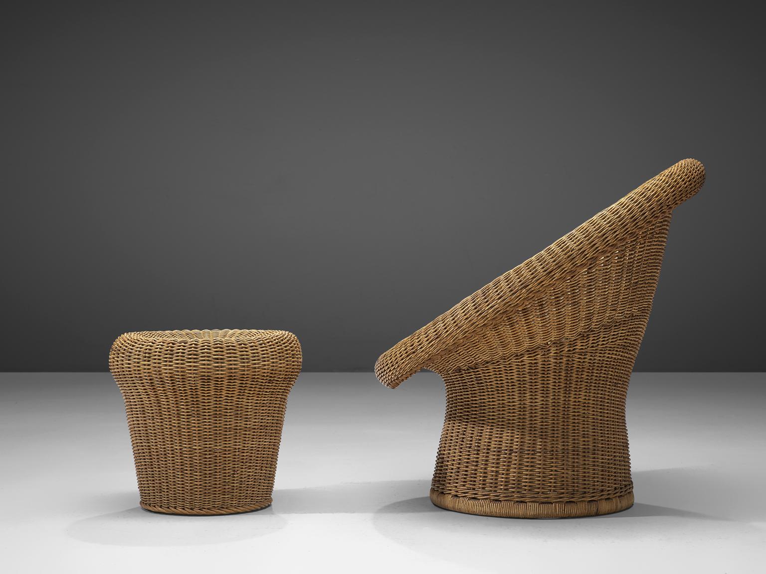 Egon Eiermann, lounge chair with ottoman E 10, wicker, Germany, design 1952, production 1960s 

Already in the 1940s Eiermann had woven wicker for covering couches and armchairs, but also used it as an architectural element in outdoor doors and