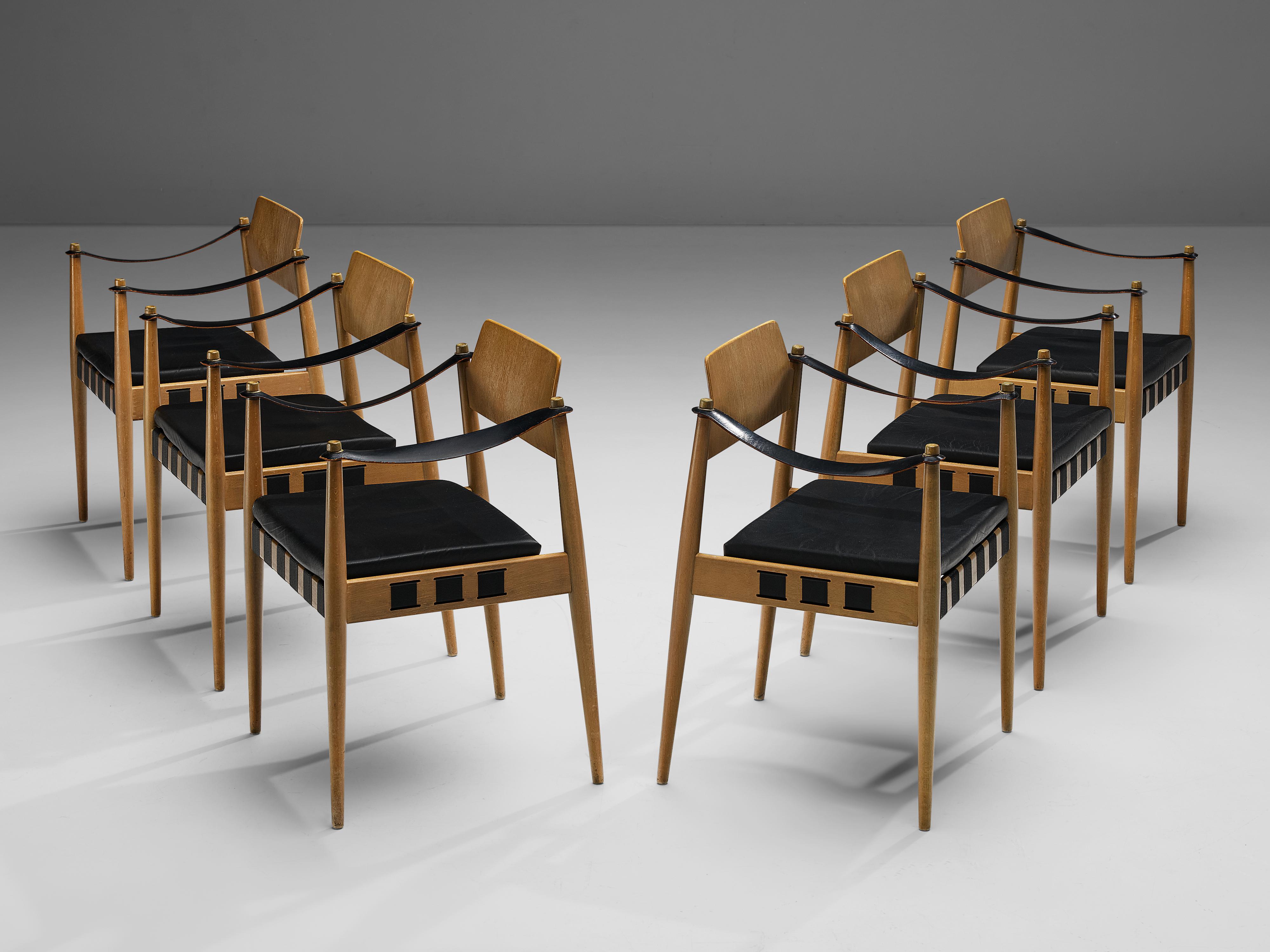 Egon Eiermann for Wilde and Spieth, set of six armchairs, beech, leather, leatherette, Germany, 1960s

Famous postwar German architect Egon Eiermann designed these armchairs for German manufacturer Wilde + Spieth in the early 1960s. These armchairs