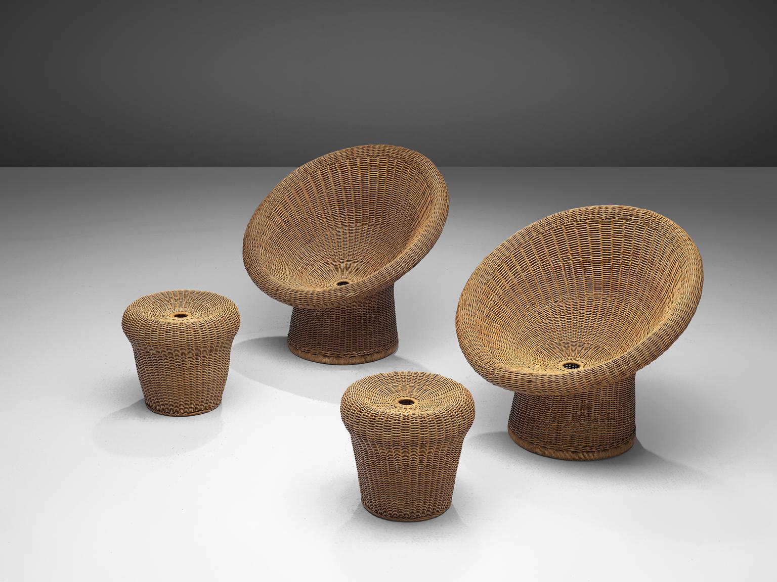 Egon Eiermann, pair of lounge chairs with ottoman E 10, wicker, Germany, design 1952, production 1960s 

Already in the 1940s Eiermann had woven wicker for covering couches and armchairs, but also used it as an architectural element in outdoor