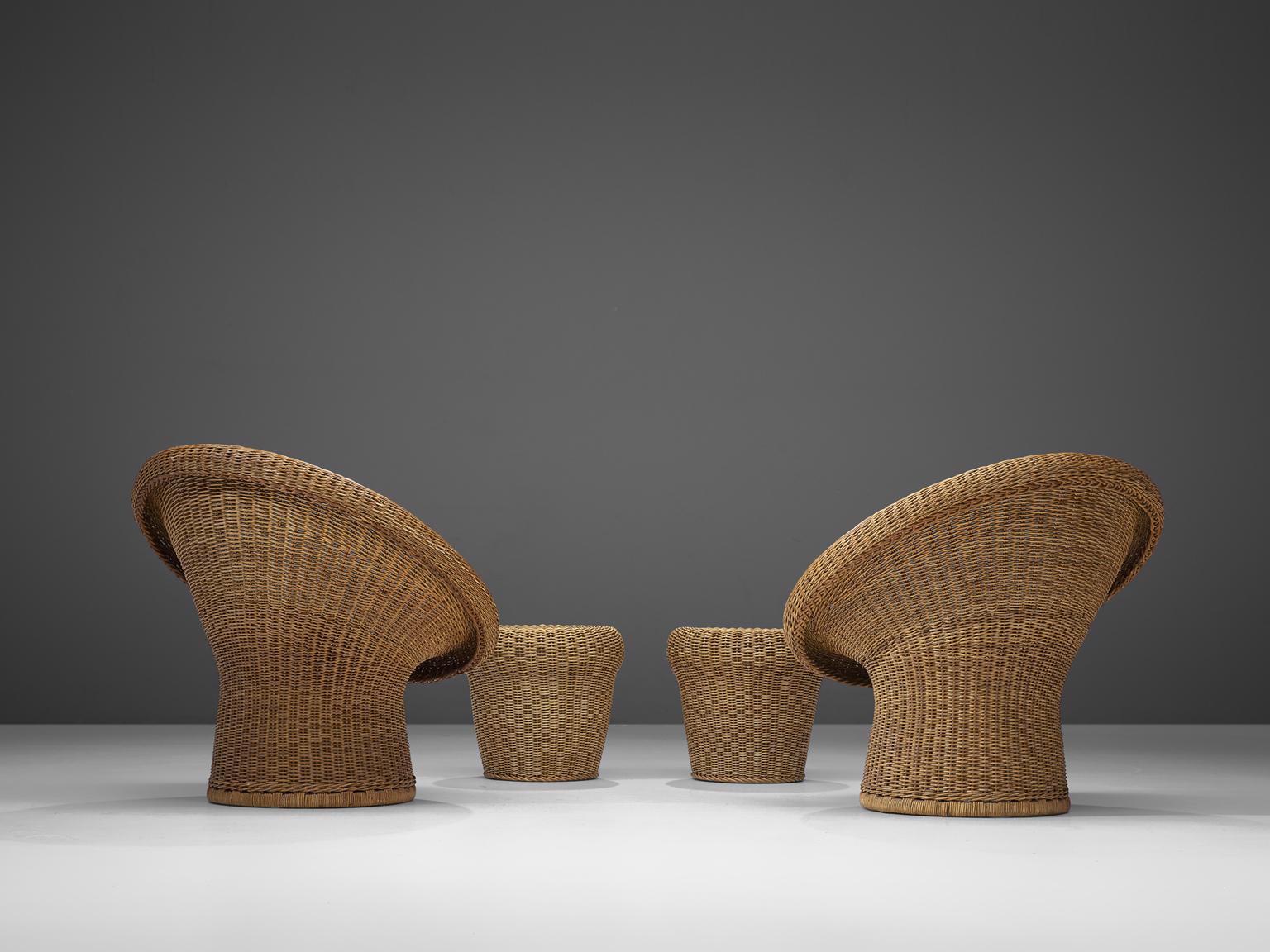 German Egon Eiermann Two E10 Wicker Lounge Chairs with Ottoman