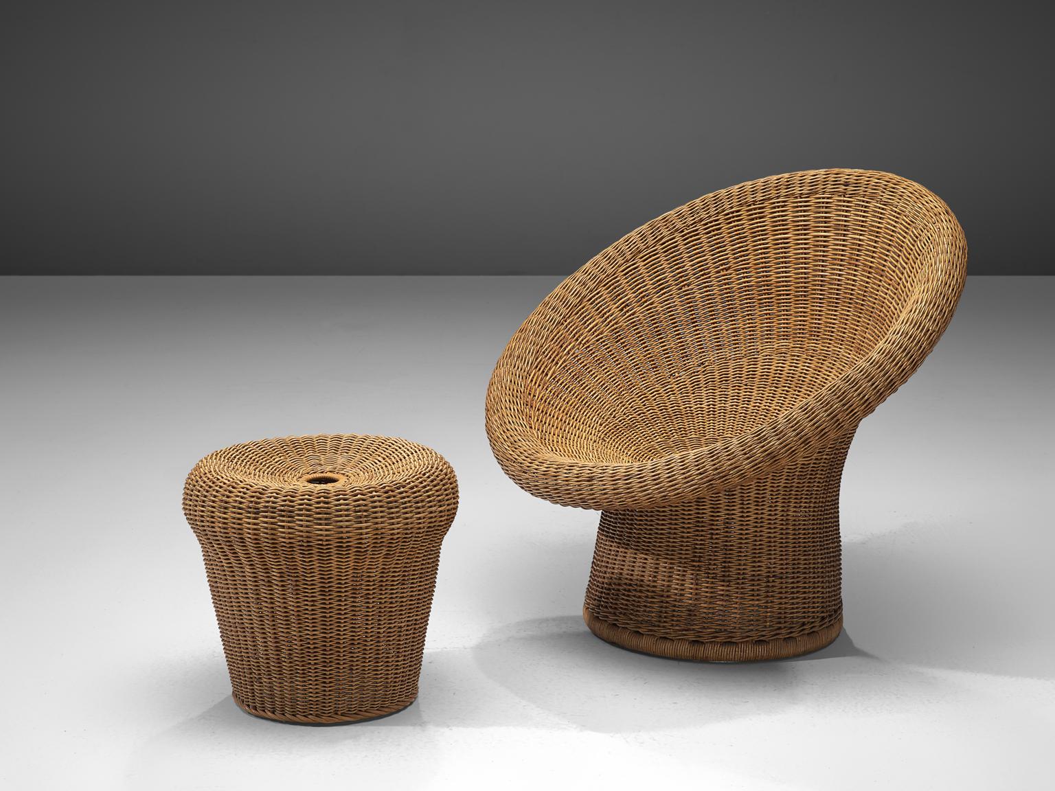 Mid-20th Century Egon Eiermann Two E10 Wicker Lounge Chairs with Ottoman