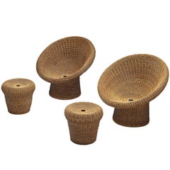 Egon Eiermann Two E10 Wicker Lounge Chairs with Ottoman