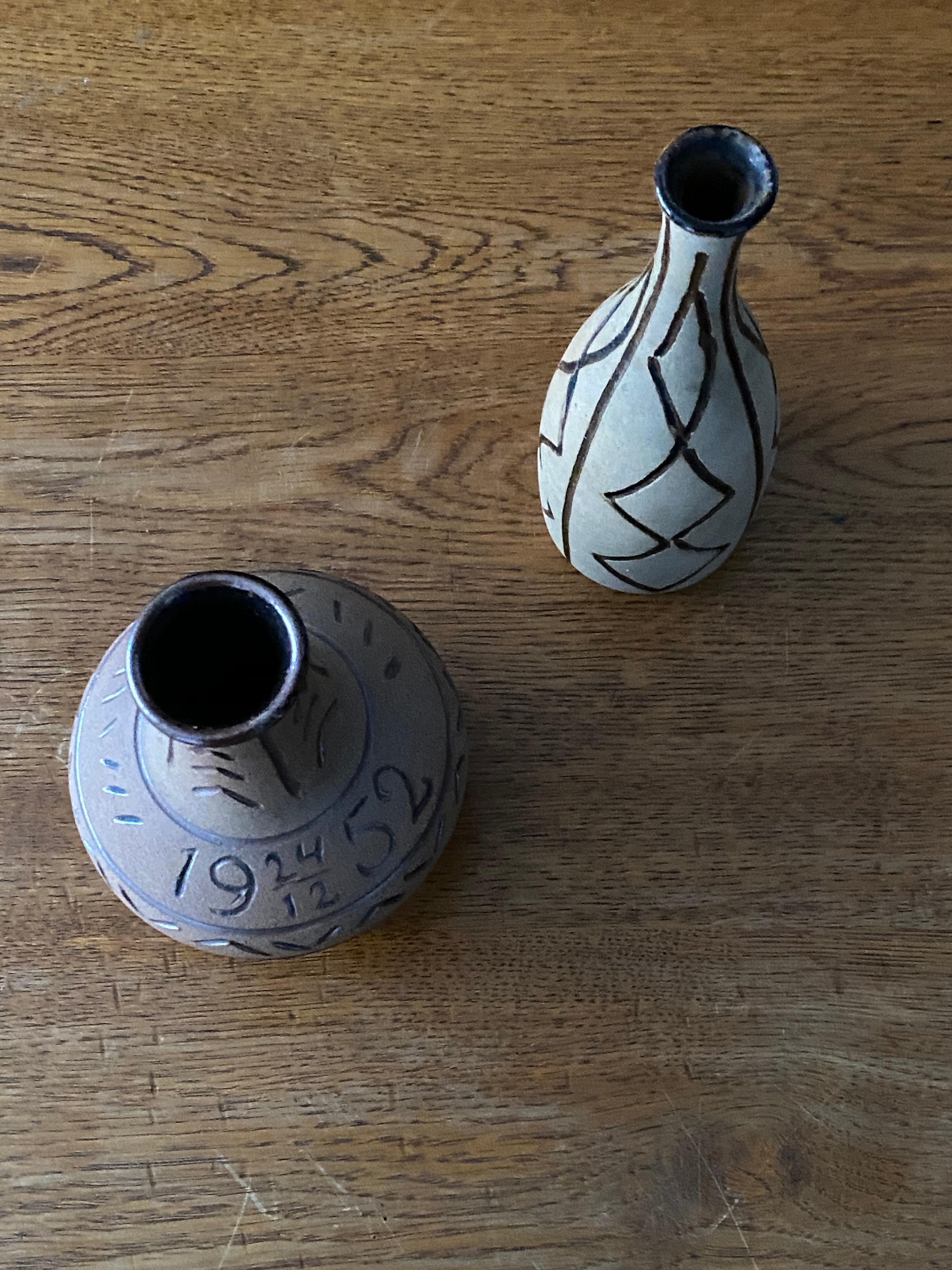 Mid-Century Modern Egon Larsson, Unique Vases Hand Painted Stoneware, Studio, Höganäs, Sweden 1950s