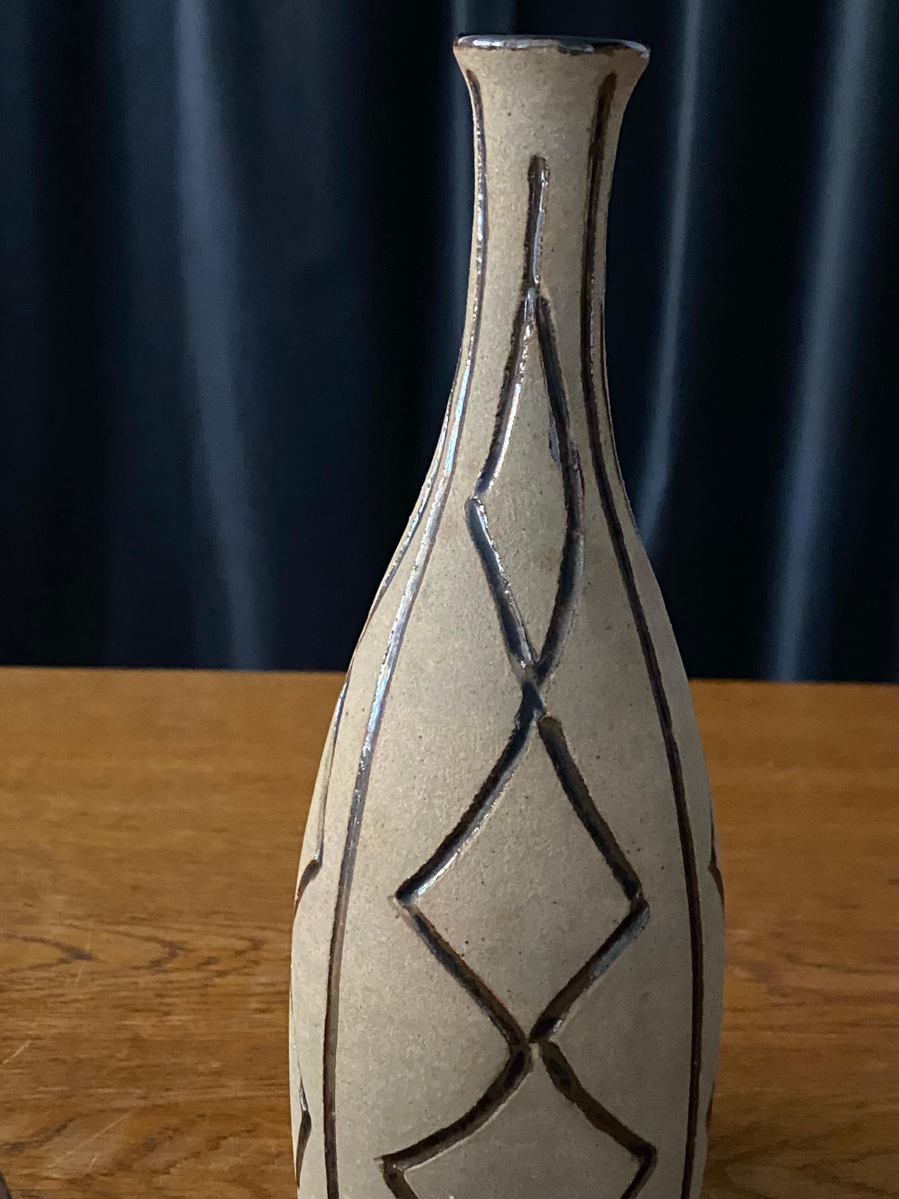 Egon Larsson, Unique Vases Hand Painted Stoneware, Studio, Höganäs, Sweden 1950s In Good Condition In High Point, NC