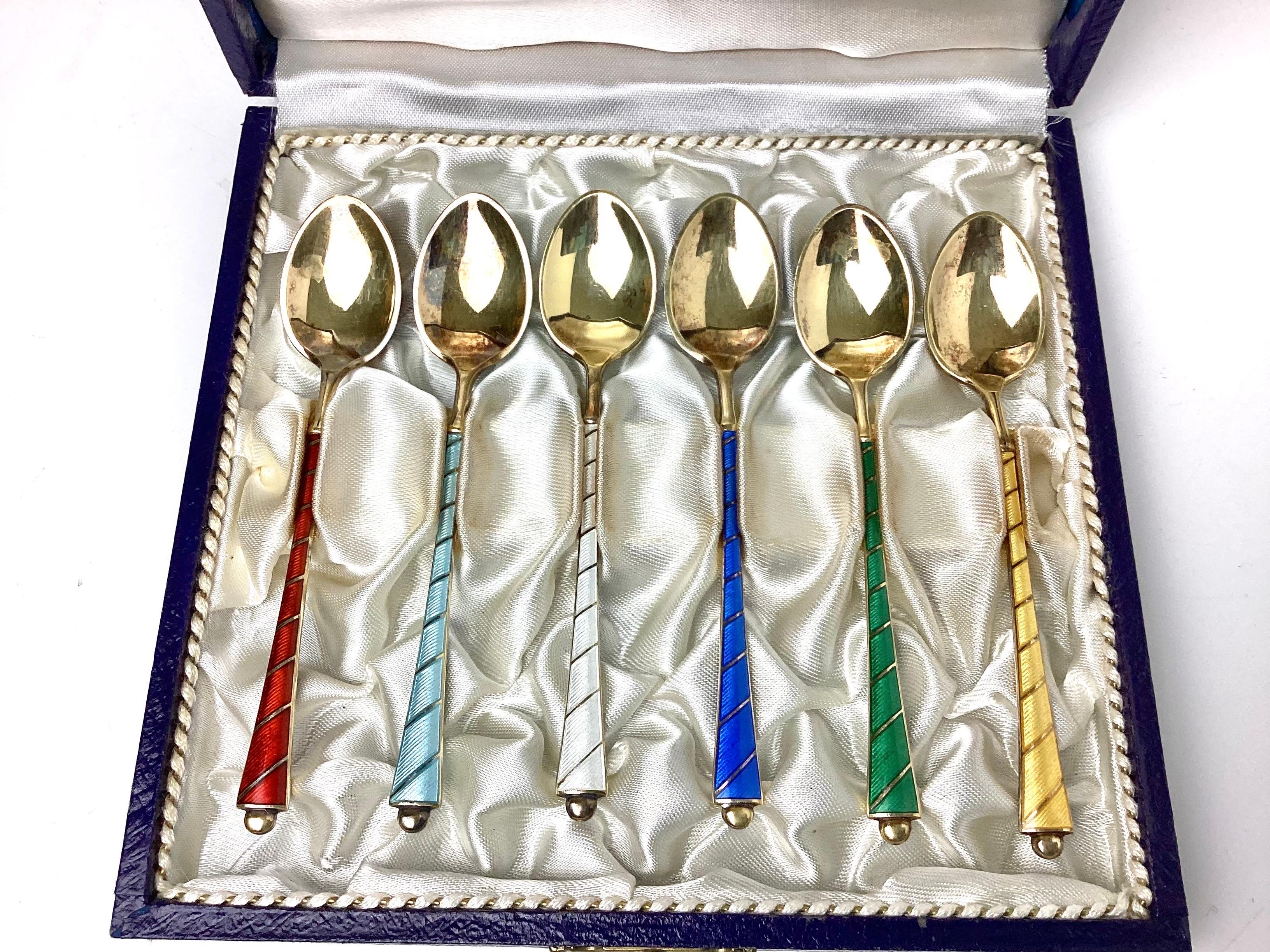 Egon Lauridsen ELA Denmark gilt sterling enamel demitasse spoons boxed set of 6, 1920s. Measure: 3 3/4