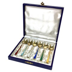 Egon Lauridsen ELA Dänemark vergoldete Demitasse-Löffel aus Sterlingsilber und Emaille, 6er-Set, in Schachtel