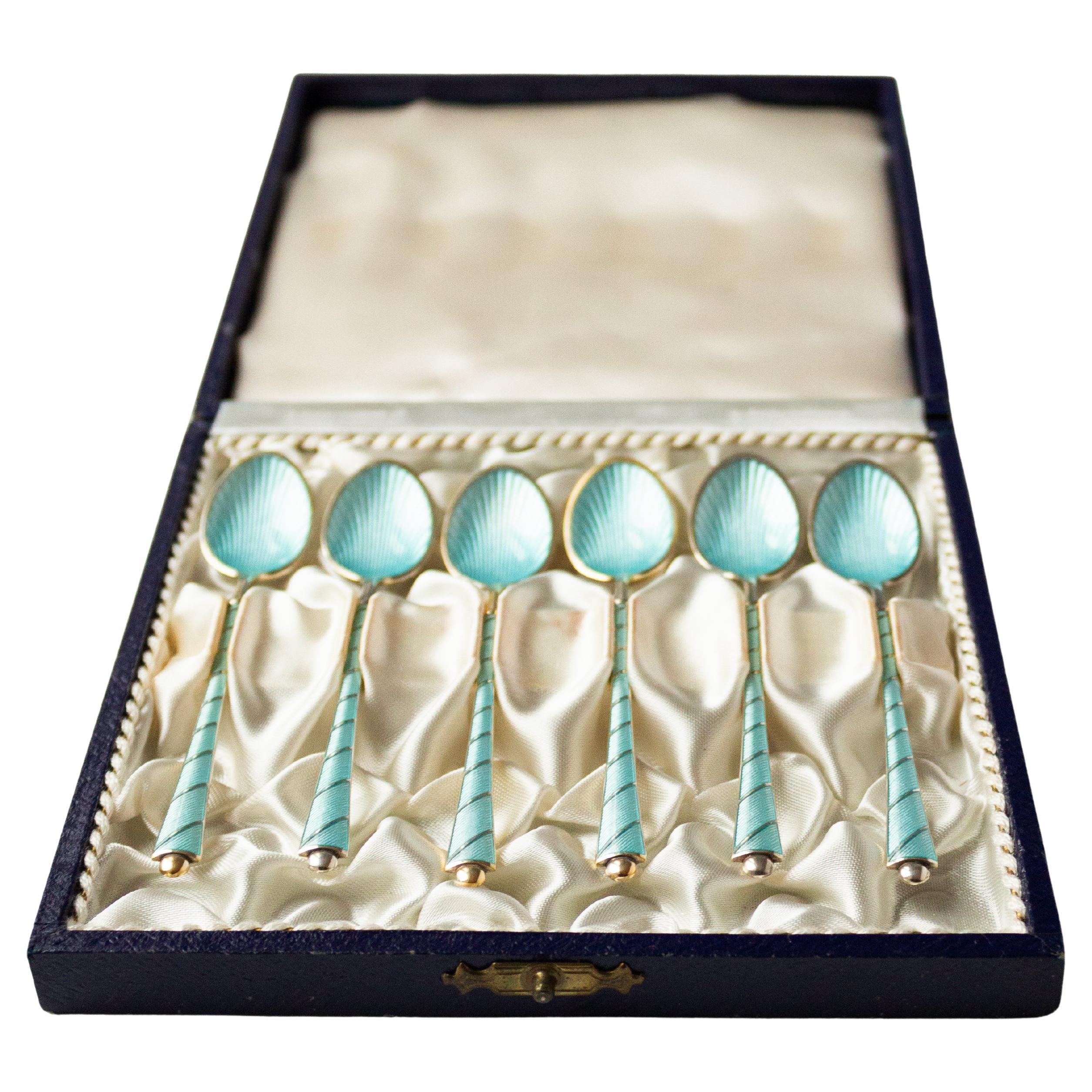 Egon Lauridsen ELA Dinamarca Cucharas Demitasse de esmalte de plata dorada Juego de 6 en caja en venta