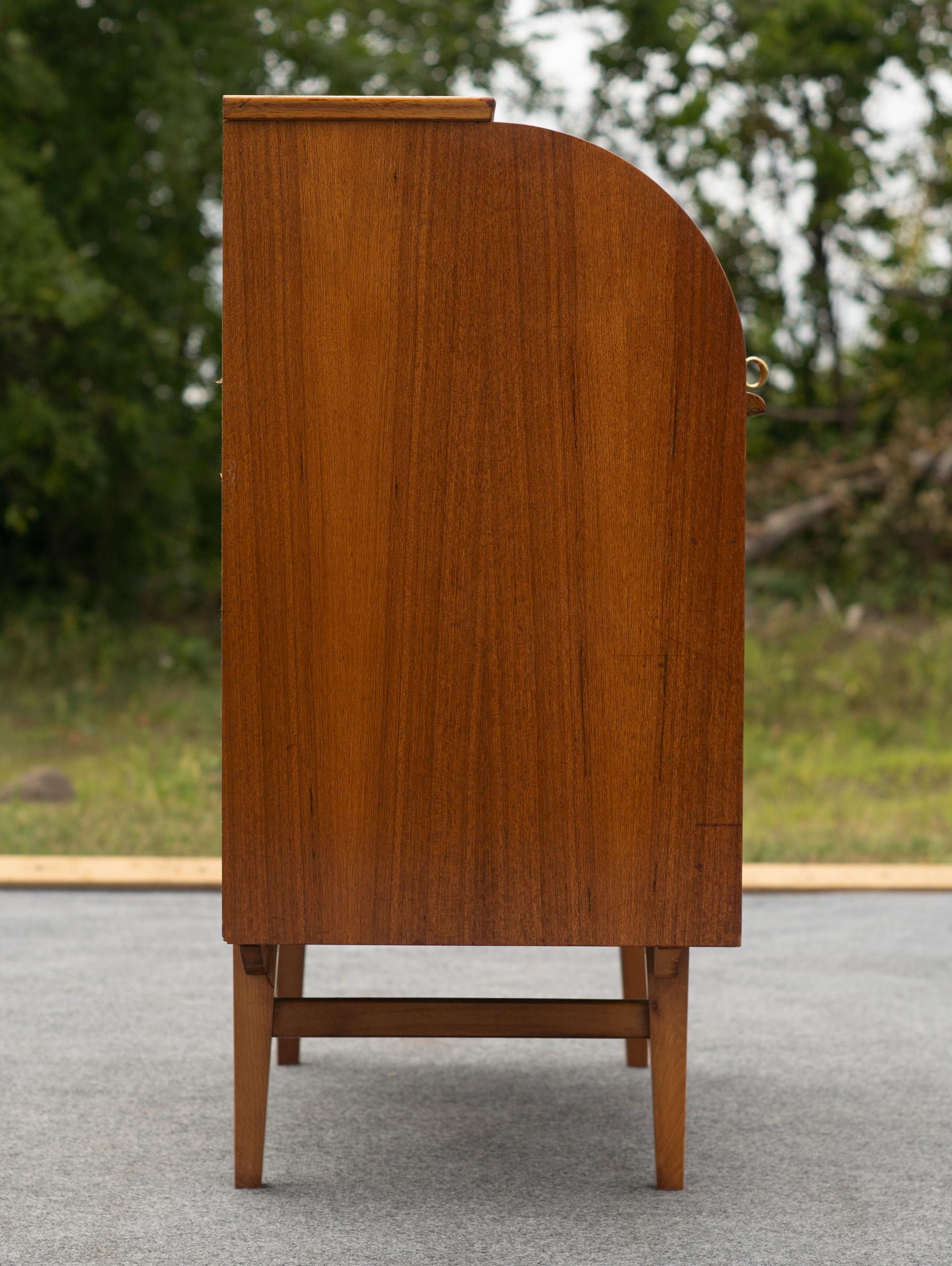 Inlay Egon Ostergaard for SMI Sweden Bookmatched Teak Roll Top Desk or Secretary For Sale