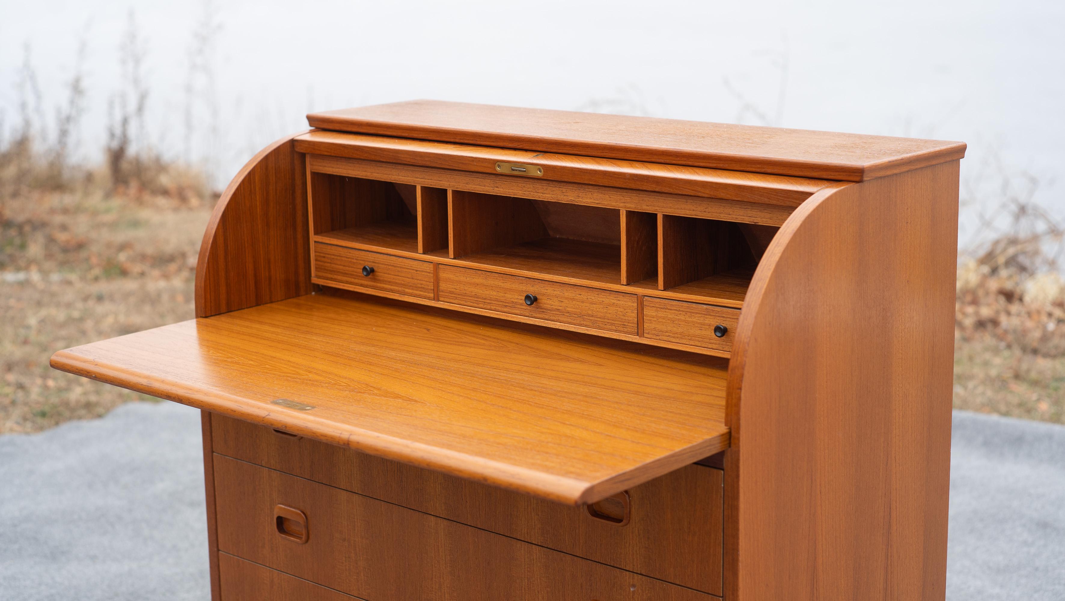 Brass Egon Ostergaard for SMI Sweden Bookmatched Teak Roll Top Desk or Secretary For Sale