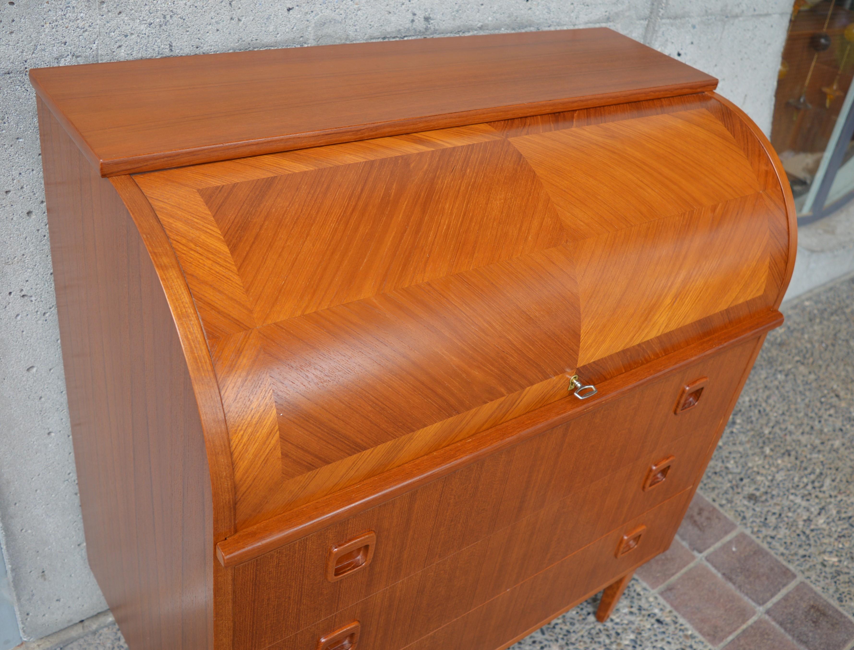 Egon Ostergaard Teak Dresser / Secretary / Writing Table, Inlaid Roll Top Door 3