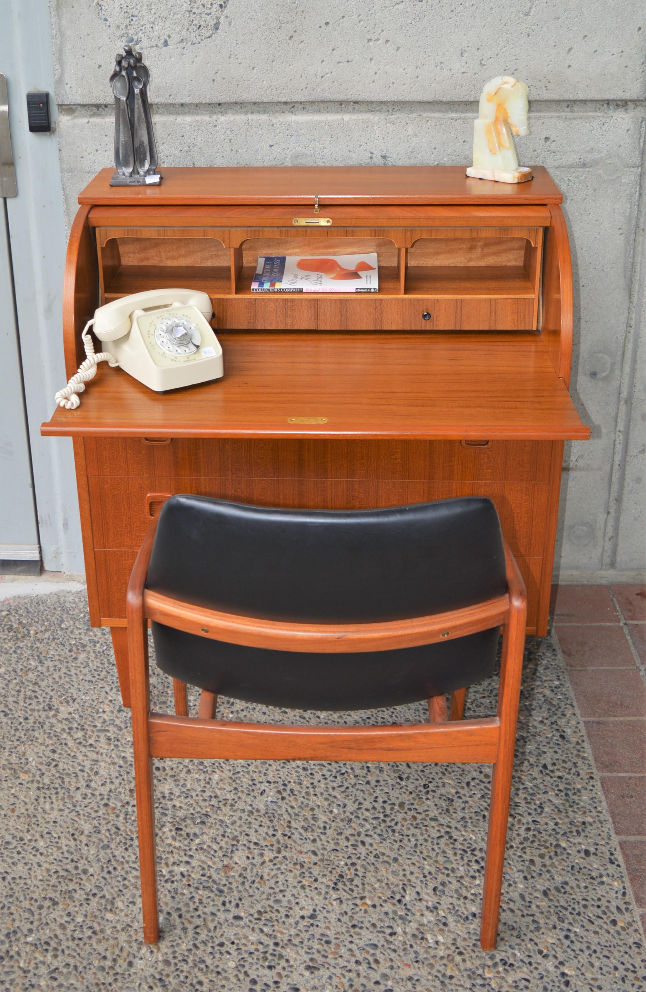 Swedish Egon Ostergaard Teak Dresser / Secretary / Writing Table, Inlaid Roll Top Door