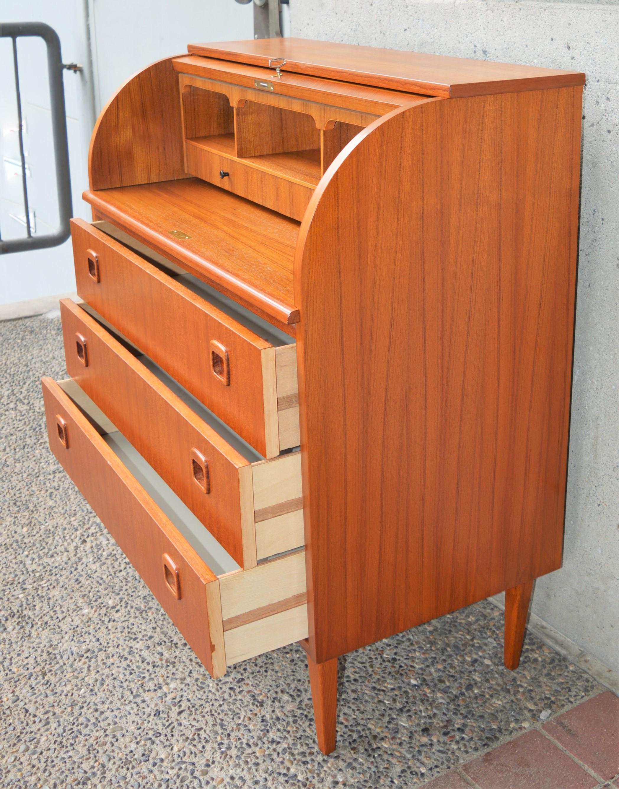 Egon Ostergaard Teak Dresser / Secretary / Writing Table, Inlaid Roll Top Door 1
