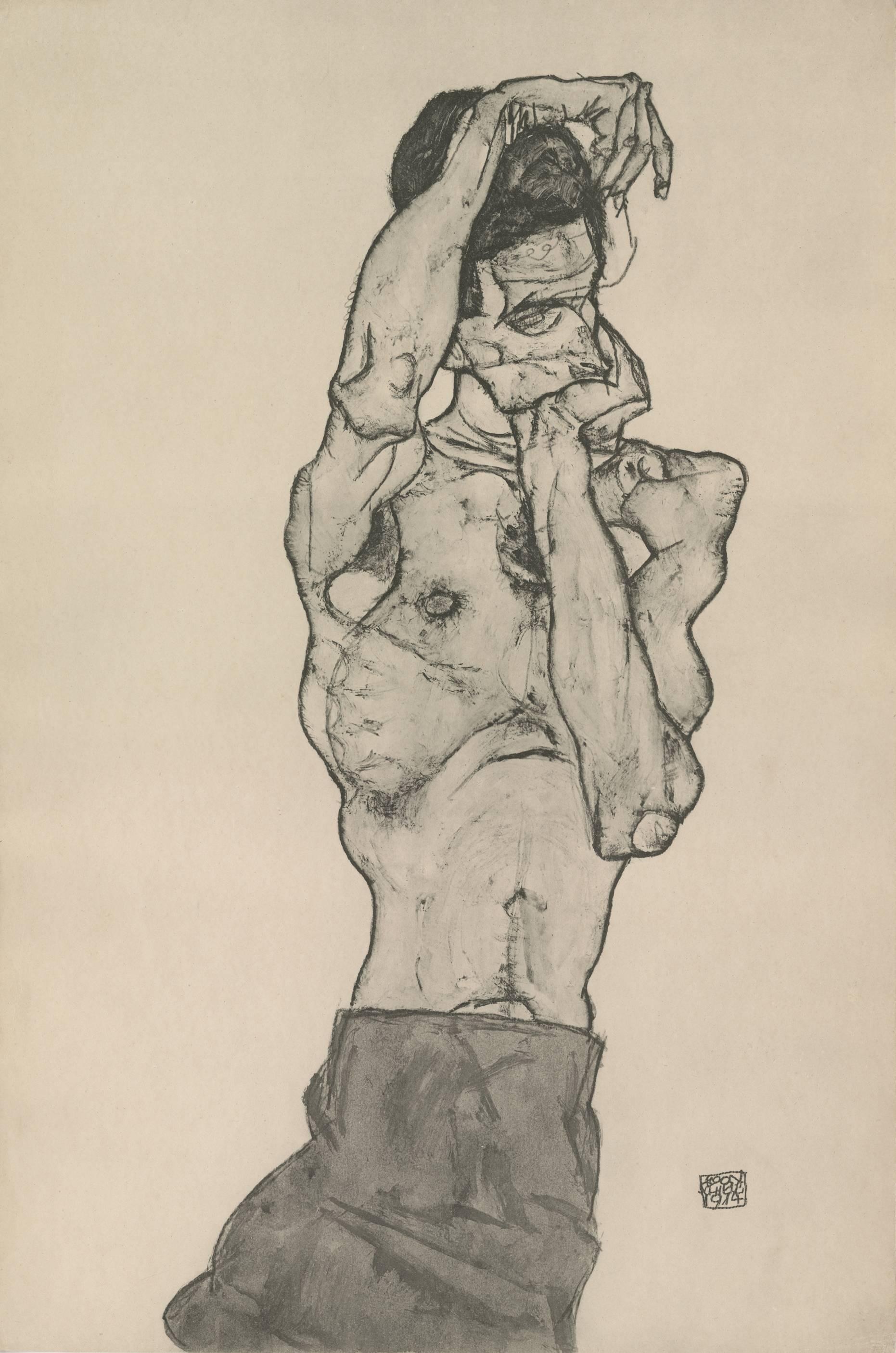 (after) Egon Schiele & Max Jaffe Figurative Print - R. Layni, Zeichnungen folio, "Male Nude in Red Loincloth" Collotype plate II