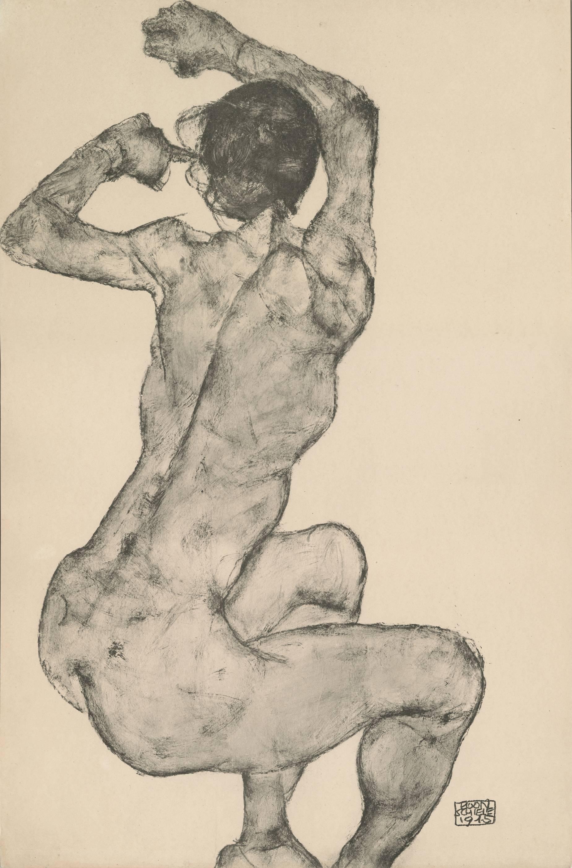 (after) Egon Schiele & Max Jaffe Nude Print - R. Layni, Zeichnungen folio, "Nude With Raised Arm" Collotype plate IX