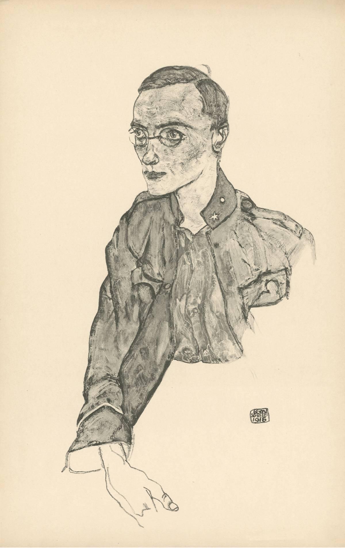 (after) Egon Schiele & Max Jaffe Portrait Print - R. Layni, Zeichnungen folio, "One-Year-Volunteer Private" Collotype plate V