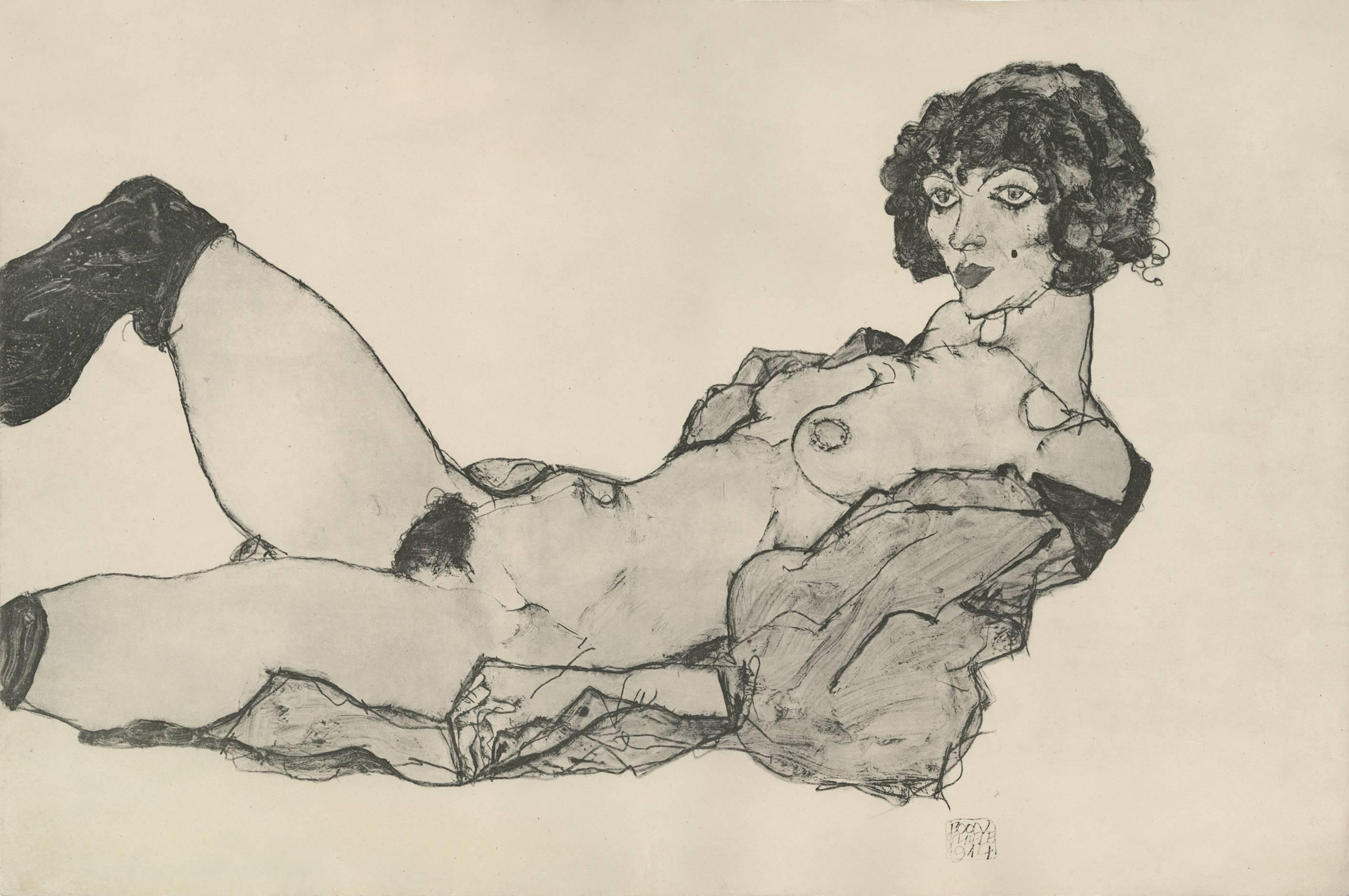 (after) Egon Schiele & Max Jaffe Nude Print - R. Layni, Zeichnungen folio, "Reclining Nude w/Green Stockings" Collotype PL XI