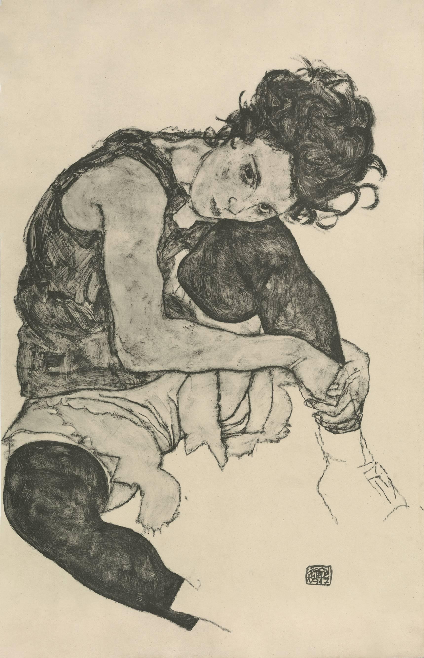 (after) Egon Schiele & Max Jaffe Figurative Print - R. Layni, Zeichnungen folio, "Seated Woman with Bent Knee" Collotype plate I