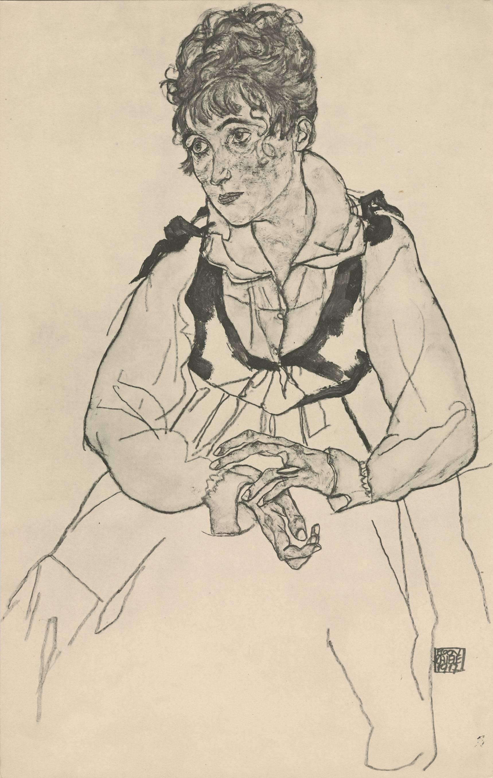 (after) Egon Schiele & Max Jaffe Portrait Print - R. Layni, Zeichnungen folio, "The Artist's Wife, Seated" Collotype plate VI