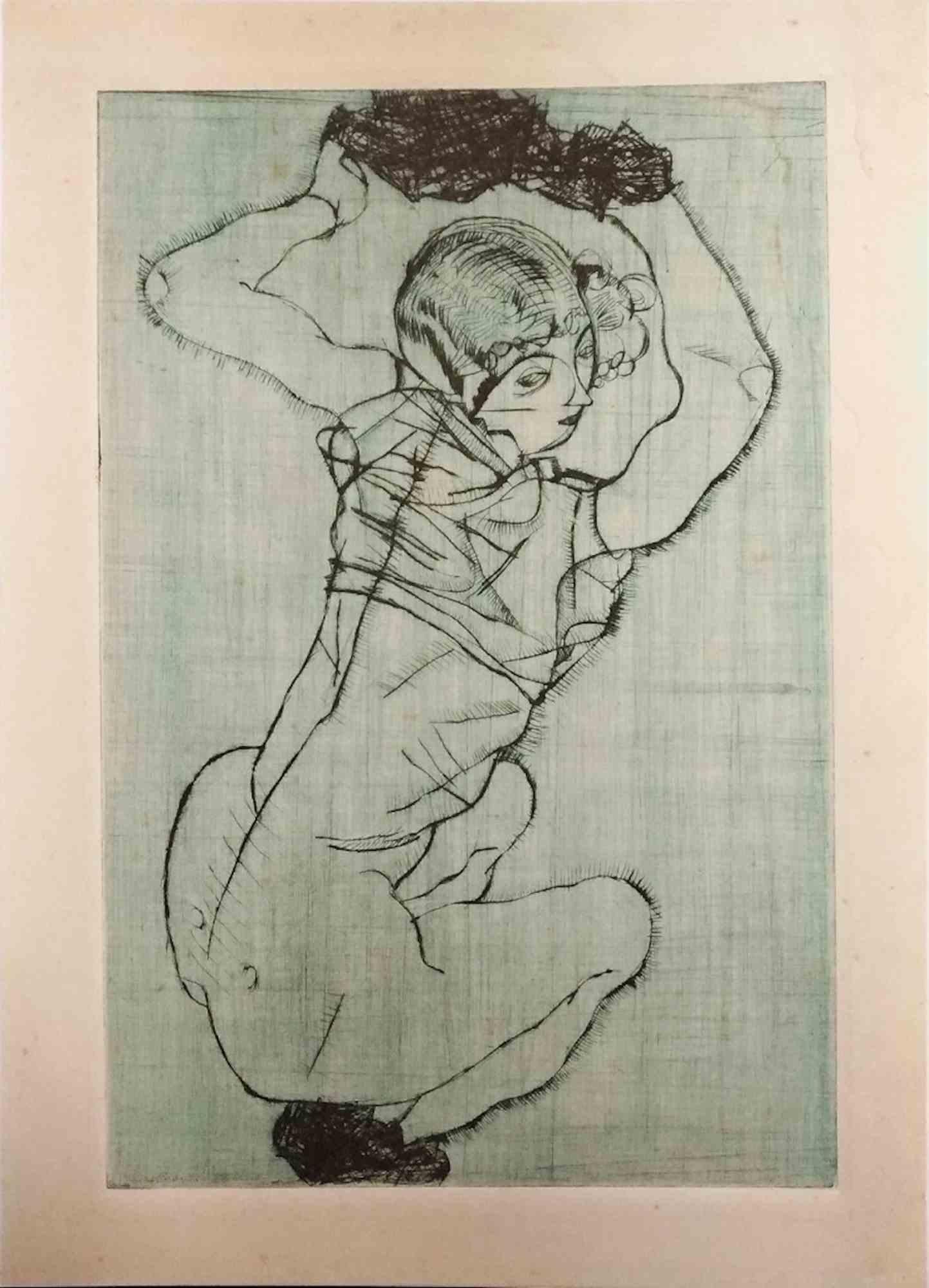 Egon Schiele Portrait Print – Eine sitzende Frau – Lithographie – 1990