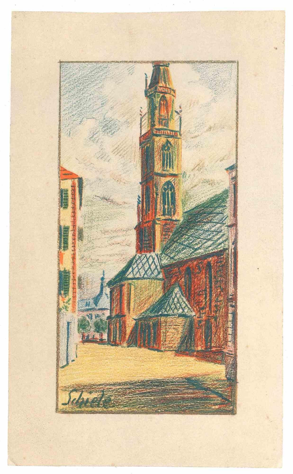 Landscape Print di Egon Schiele - Chiesa di Bolzano - Litografia - 1990