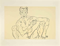 Crouching Male Nude - Lithograph after Egon Schiele