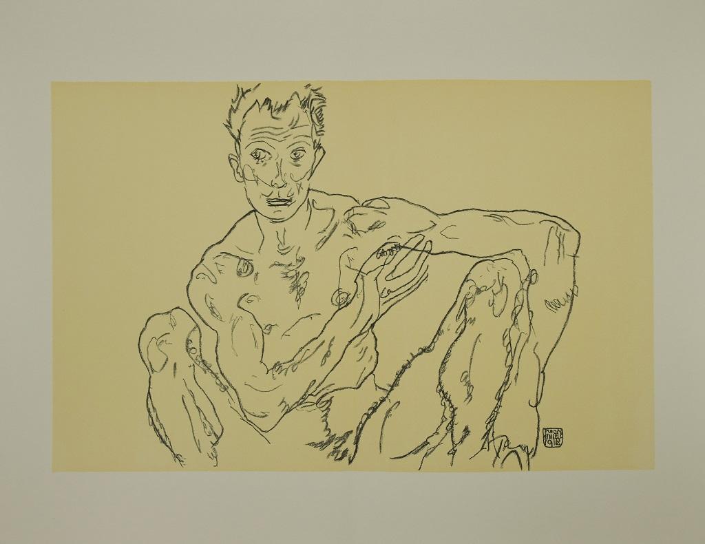 Hockender männlicher Akt (Self-Portrait)  ist eine schöne und originale Farblithographie aus der Mappe "Erotica" von Egon Schiele.

Es handelt sich um eine Reproduktion der gleichnamigen schwarzen Kreidezeichnung, ein Selbstporträt des