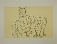 Vintage Crouching Male Nude - Original Lithograph after Egon Schiele - 2007