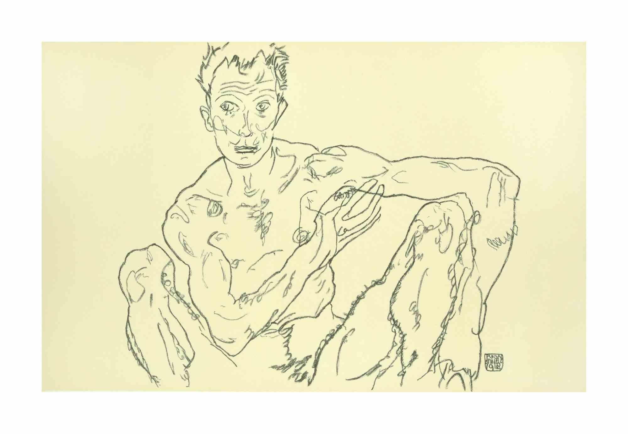 Egon Schiele Portrait Print - Crouching Male Nude (Self Portrait) - Lithograph - 2007