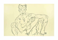 Crouching Male Nude (Self Portrait) - Lithograph - 2007