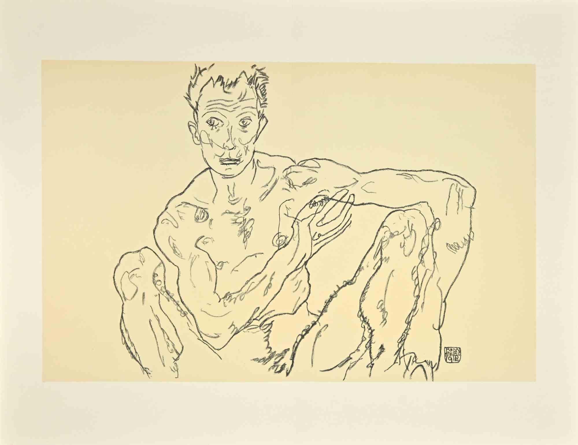 Crouching männlicher Akt (Selbstporträt) – Lithographie – 2007