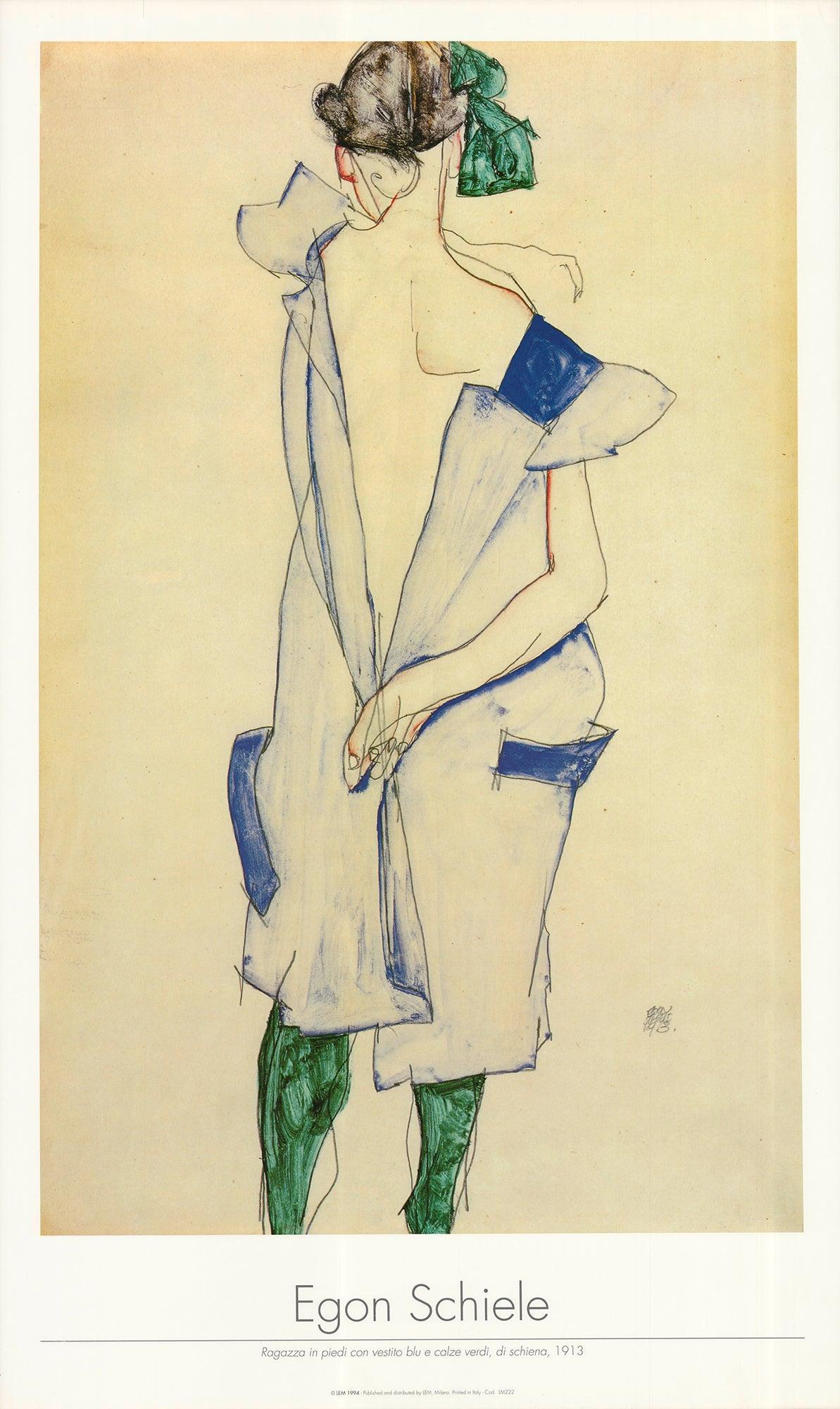 Egon Schiele "Ragazza in piedi con abito blu e calze verdi, vista di schiena" 1994