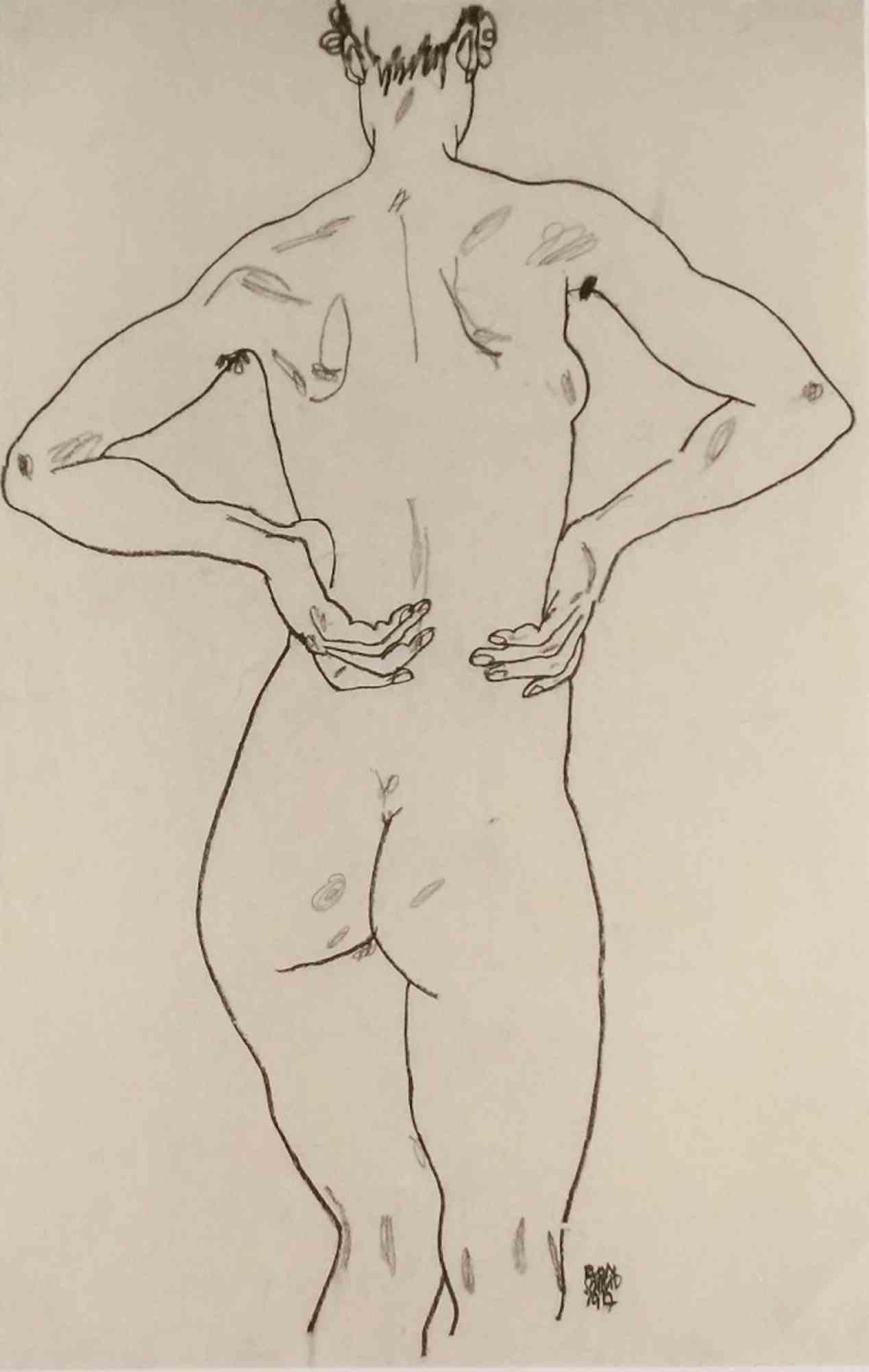 Egon Schiele Portrait Print – Männlicher Akt von hinten – Lithographie – 1990