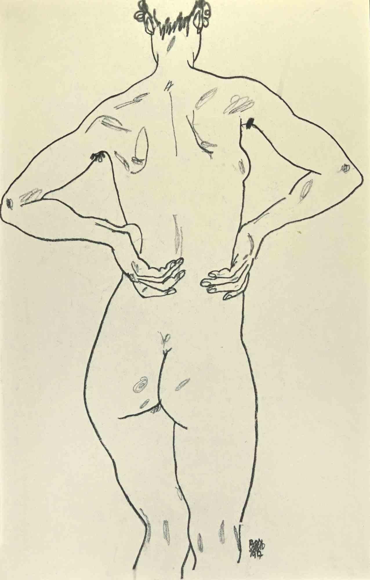 Nude Print di Egon Schiele - Nudo femminile da dietro con le mani sul fianco - Litografia - Anni '90