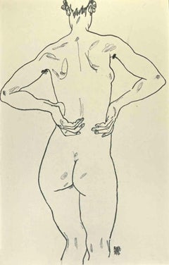 Desnudo femenino de espaldas con las manos en la cadera - Litografía - Años 90