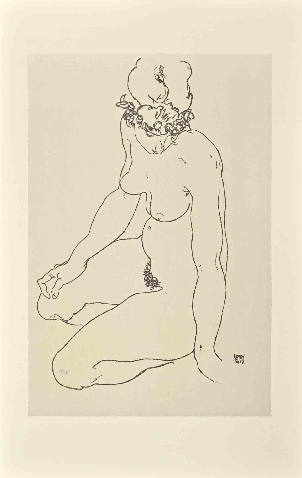 Egon Schiele Portrait Print - Kneeling Female Nude, Turning to the Right - Lithograph - 2007