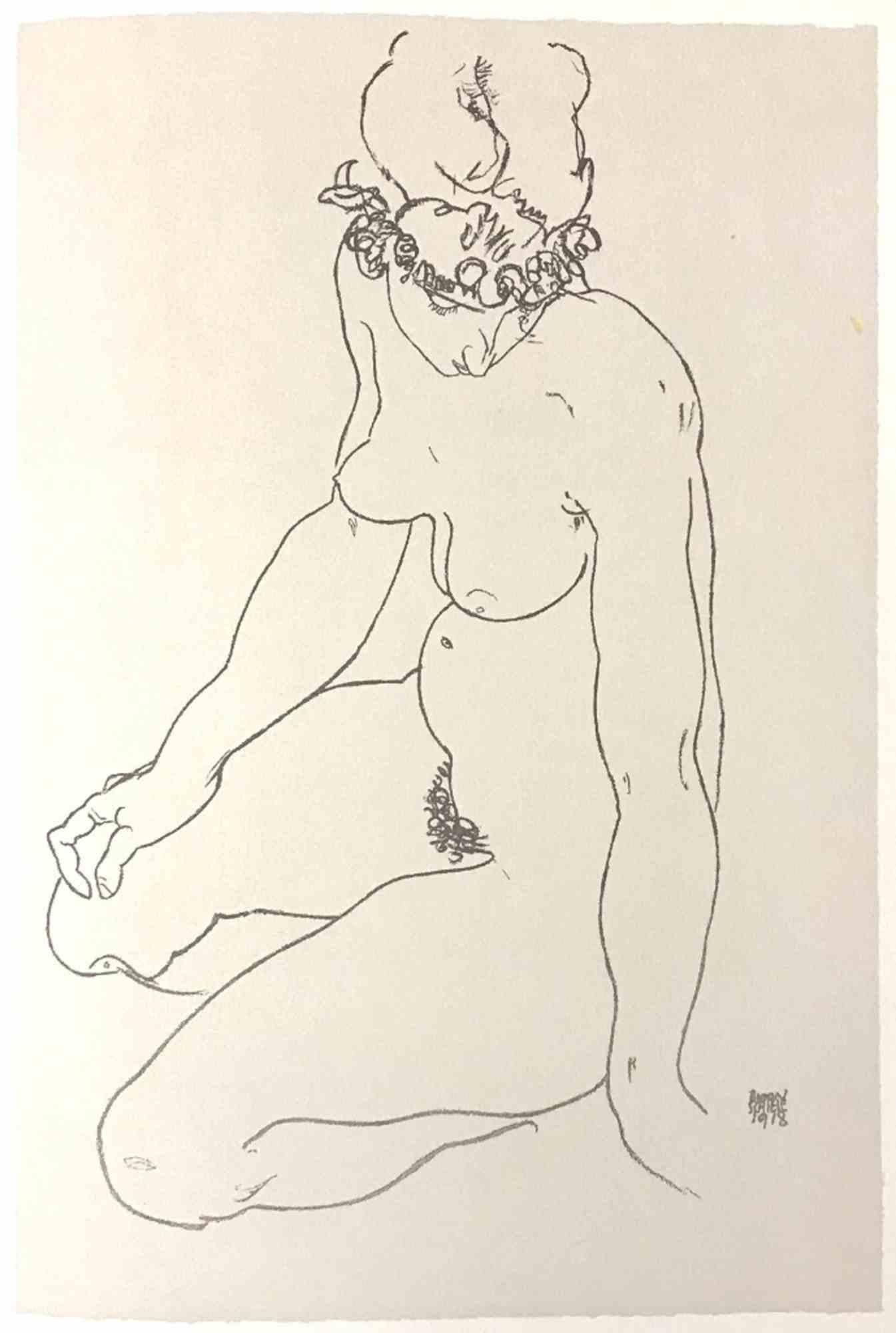 Egon Schiele Portrait Print - Kneeling Female Nude, Turning to the Right - Lithograph - 2007