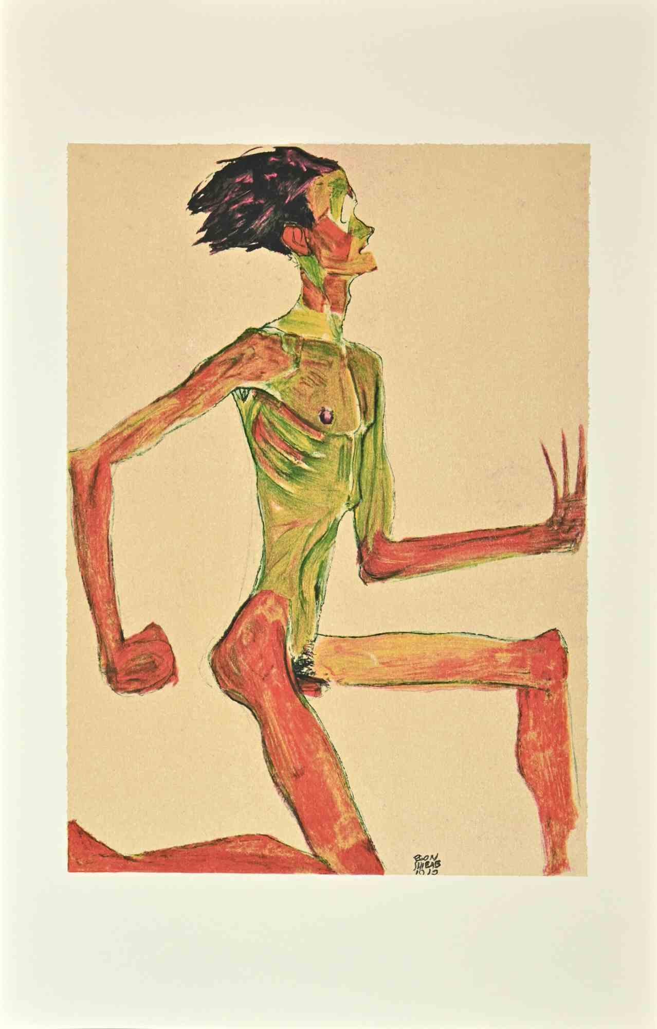 Egon Schiele Nude Print - Kneeling Male Nude in Profile  - Lithograph - 2007