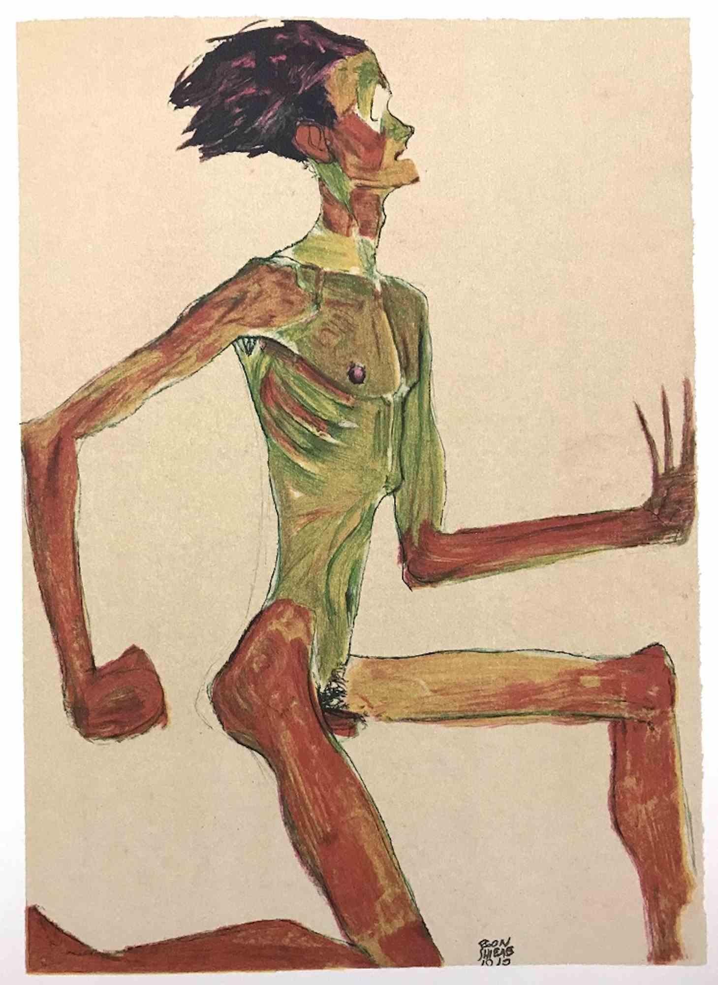 Egon Schiele Portrait Print - Kneeling Male Nude in Profile - Lithograph - 2007