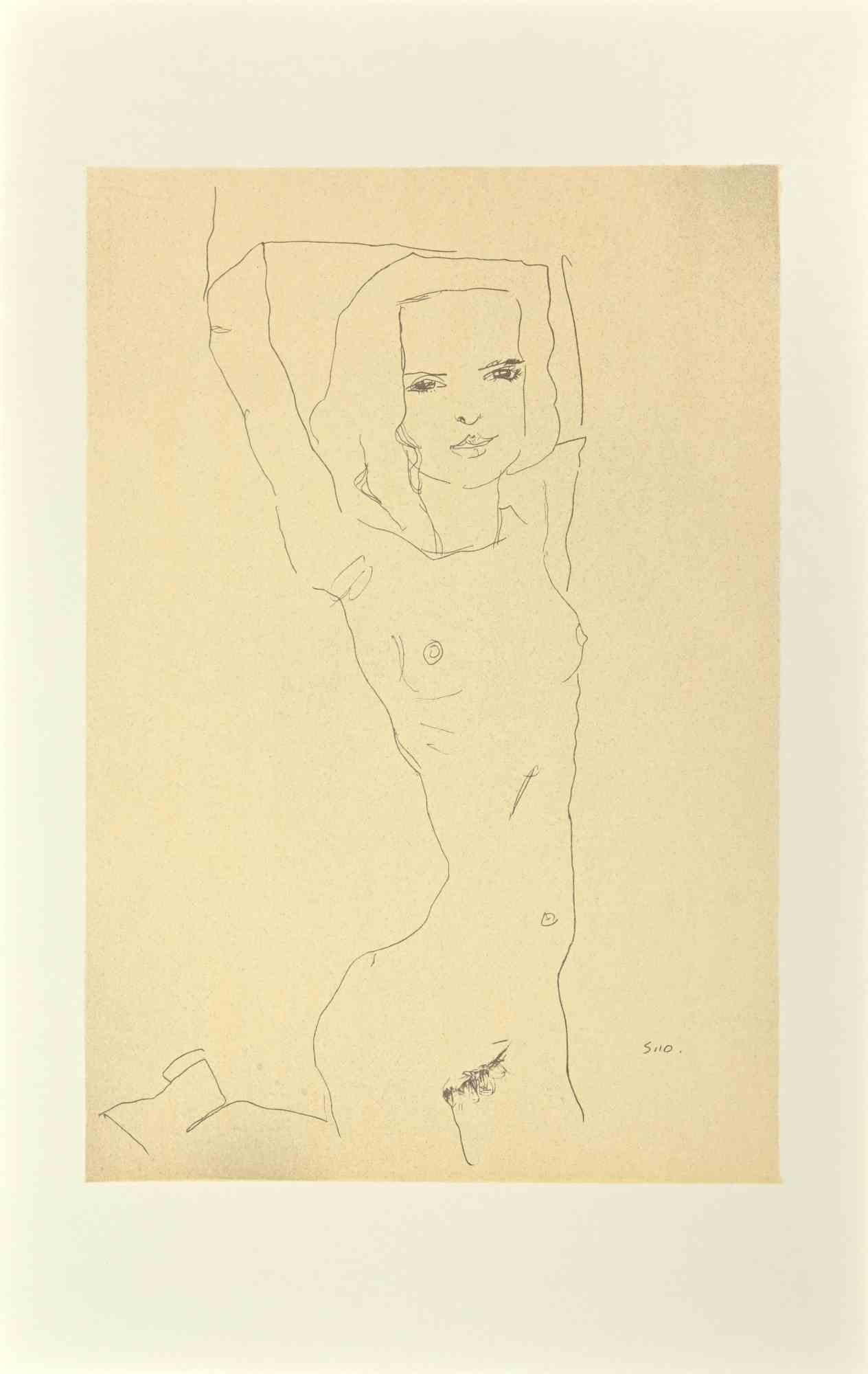 Egon Schiele Portrait Print - Nude Girl with Raised Arms  - Lithograph  - 2007