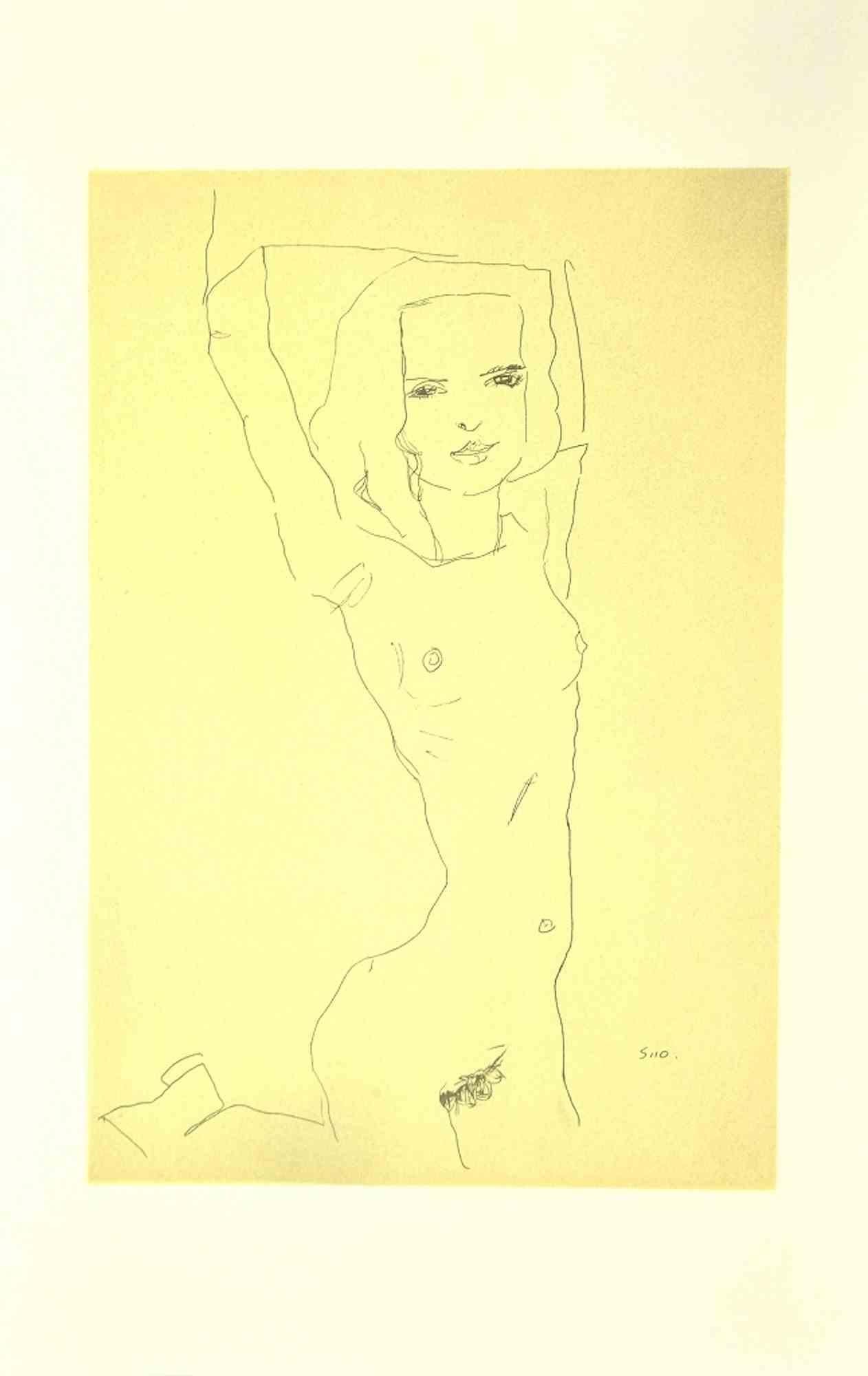 Egon Schiele Portrait Print - Nude Girl With Raised Arms - Lithograph - 2007