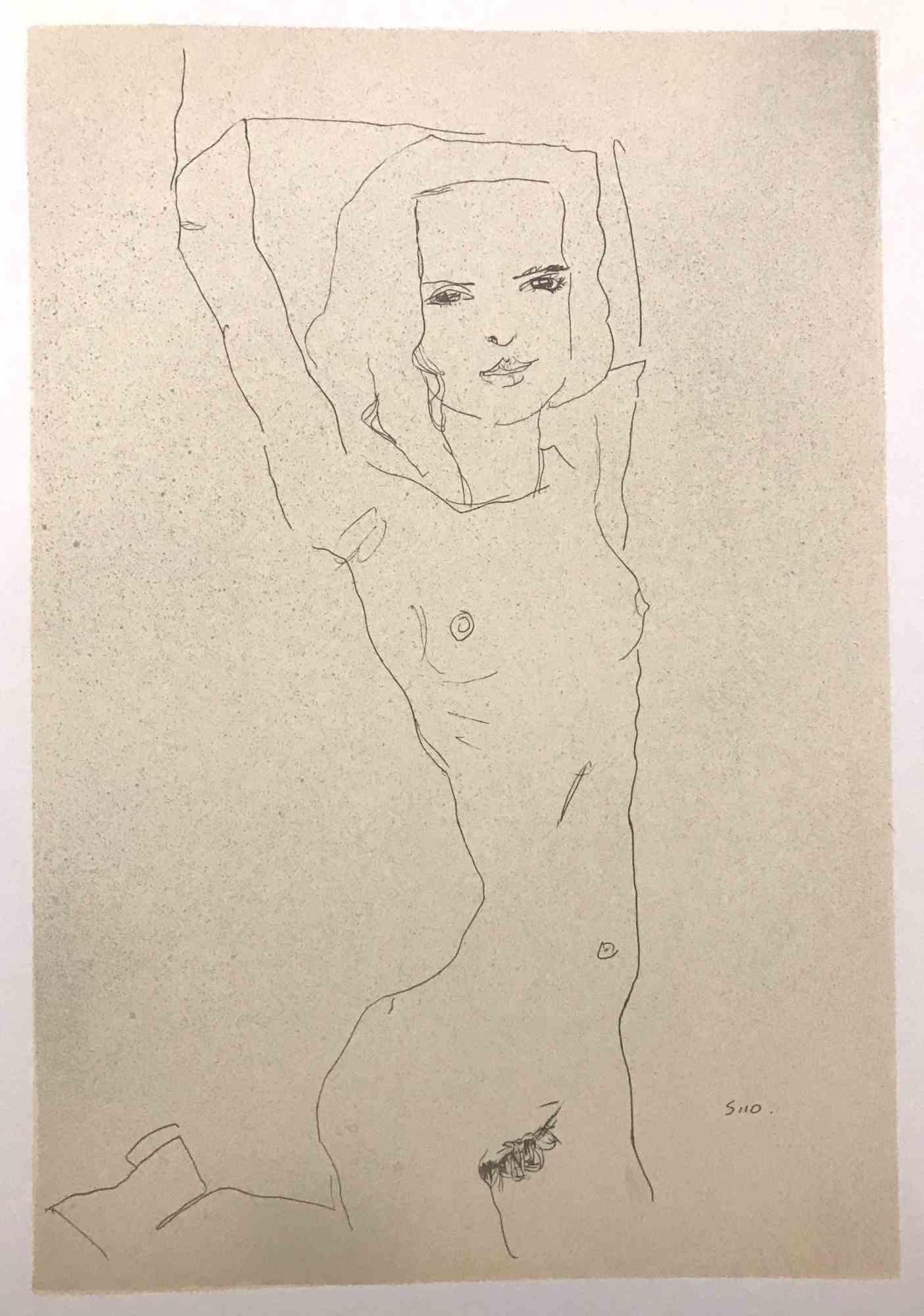 Jeune fille nue aux bras relevés - Lithographie - 2007