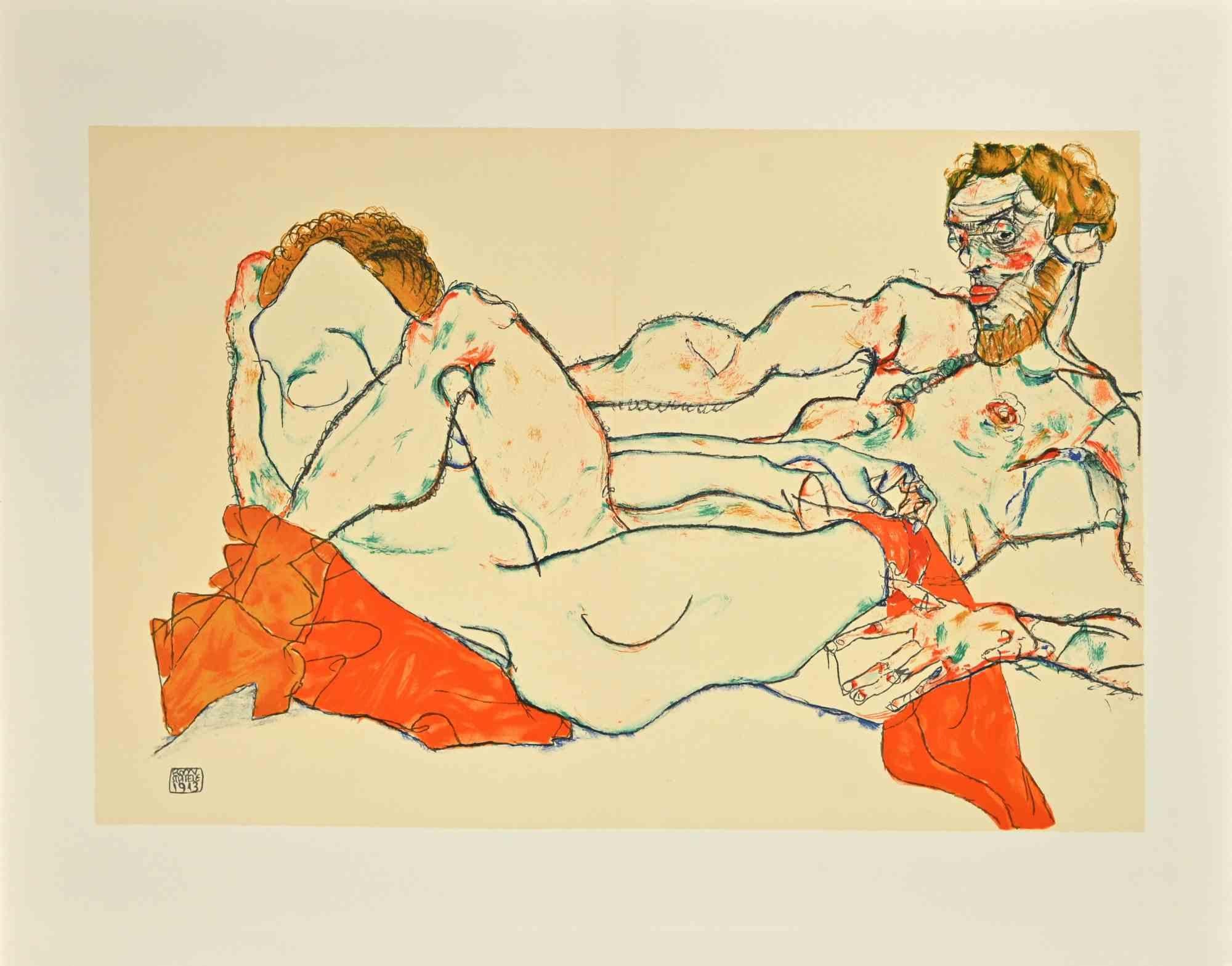 Liegender männlicher und weiblicher Akt, verschlungen  ist eine schöne kolorierte Lithographie aus der Mappe "Erotica" von Egon Schiele.

Es handelt sich um eine Reproduktion des gleichnamigen Originalwerks: eine Gouache-, Aquarell- und