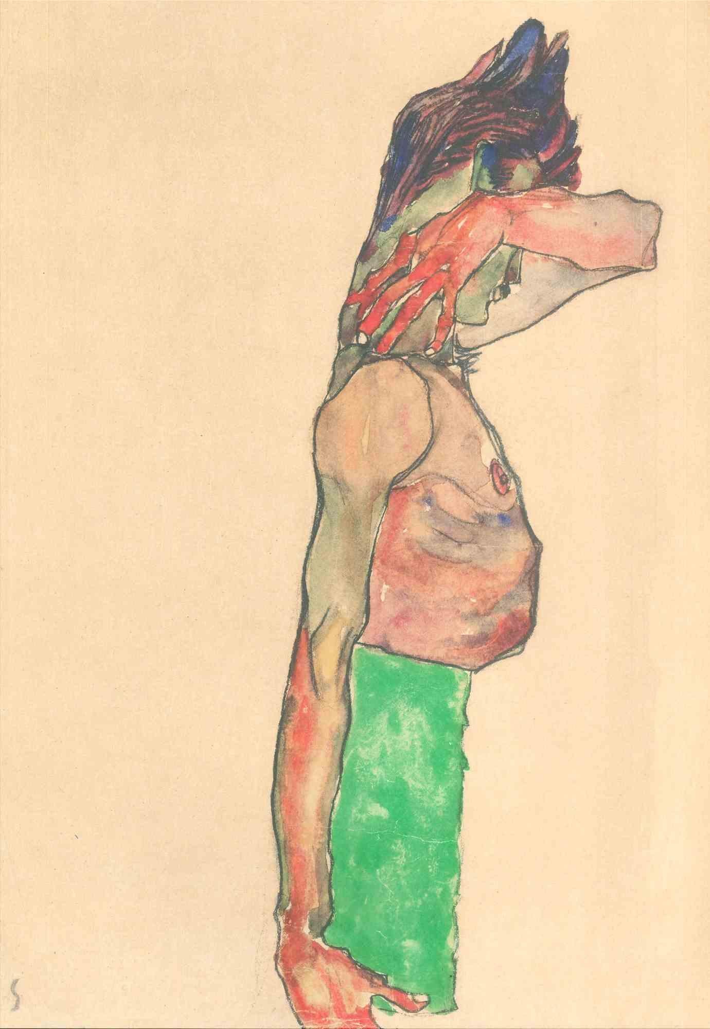 Egon Schiele Portrait Print - Recicling Male Nude With Green Cloth - Lithograph - 1990