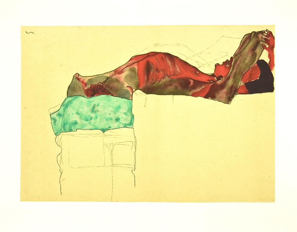 Egon Schiele Nude Print - Reclining Male Nude with Green Cloth - Lithograph after E. Schiele - 2007