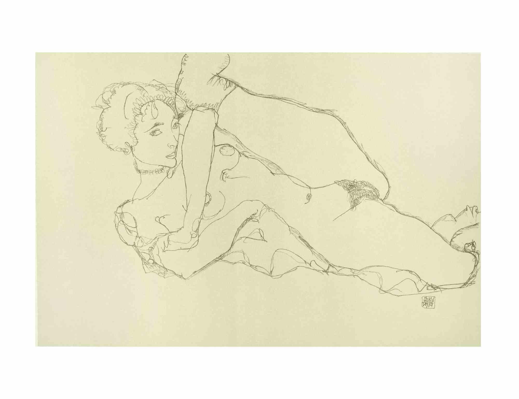 Egon Schiele Portrait Print - Reclining Nude, Left Leg Raised - Lithograph - 2007
