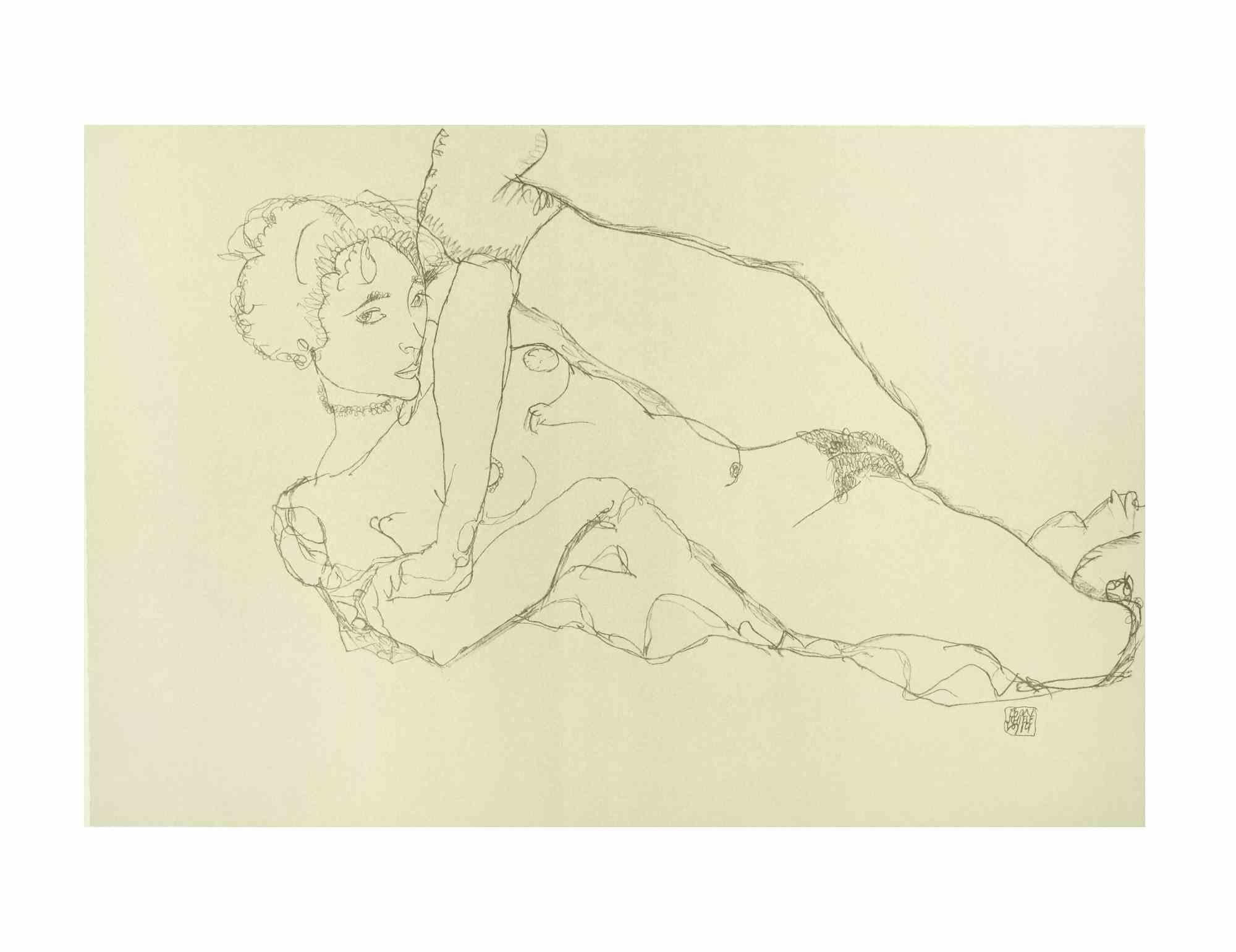 Portrait Print de Egon Schiele - Desnudo reclinado, pierna izquierda levantada - Litografía - 2007