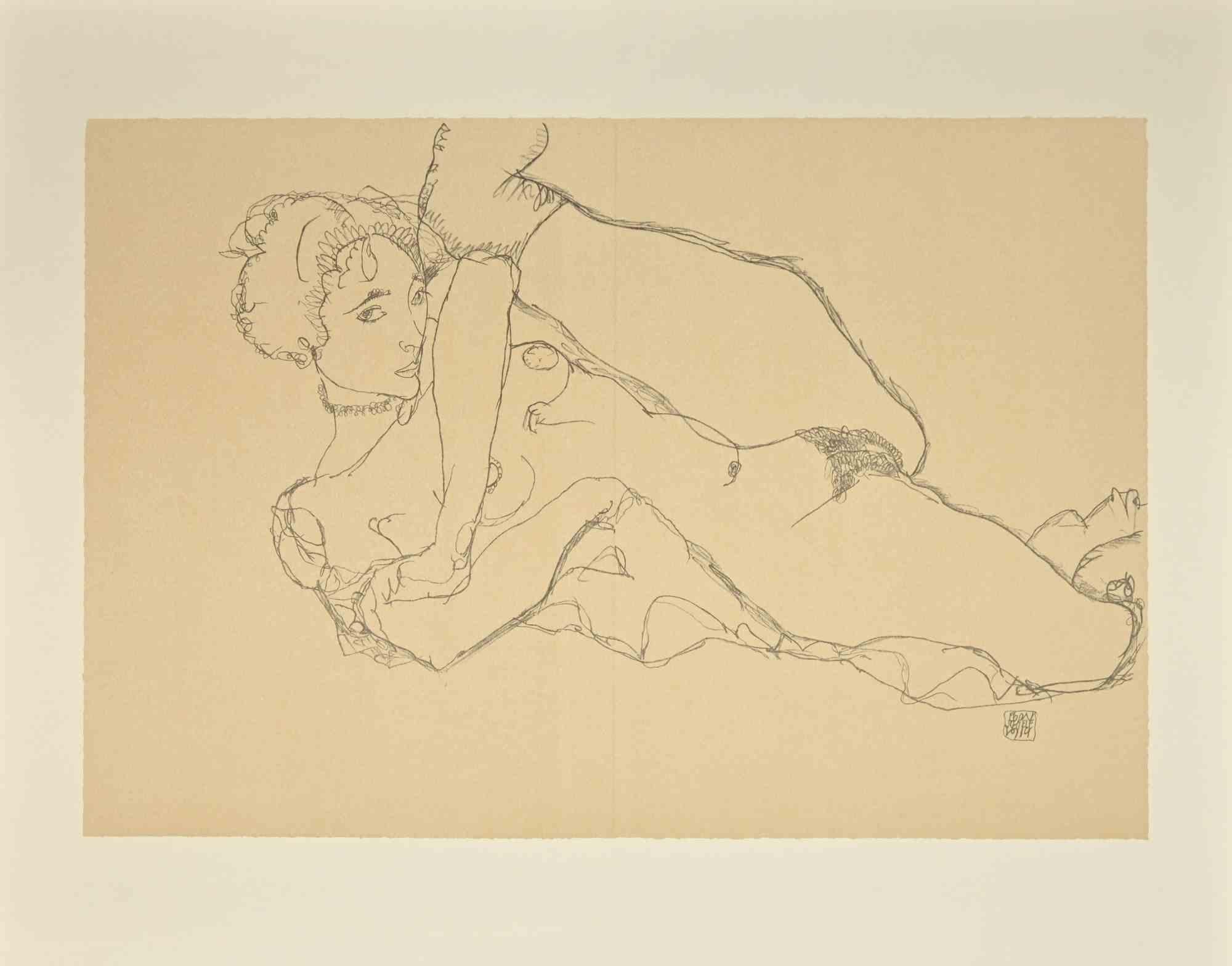 Egon Schiele Figurative Print - Reclining Nude, Left Leg Raised - Lithograph - 2007