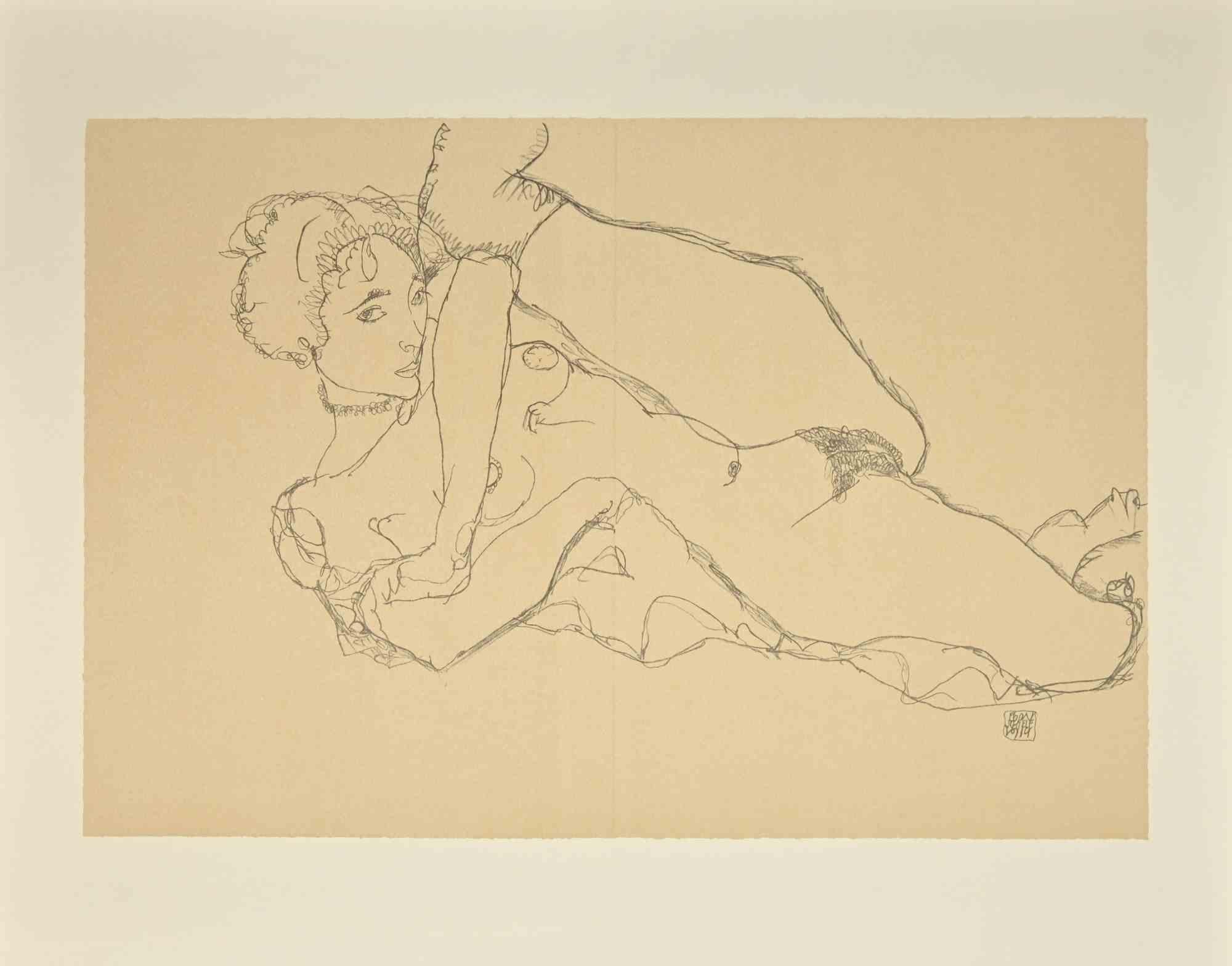 Reclining Nude, Left Leg Raised  is a beautiful lithograph from the portfolio " Erotica " after Egon Schiele.

It is a reproduction of the homonym pencil drawing realized by  the Austrian master in 1914.

This is a print from an  edition of 1200